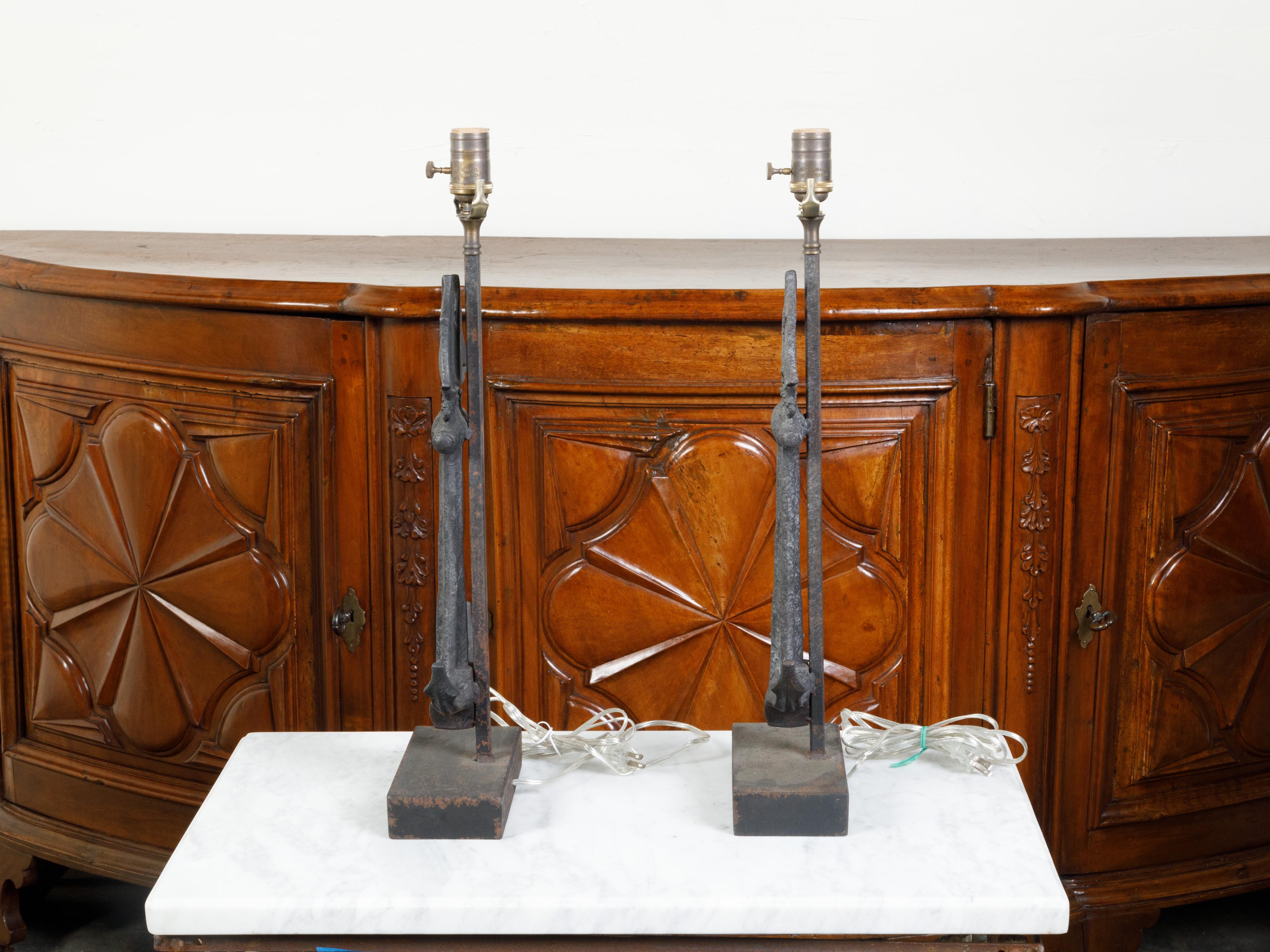 Pair of Iron Table Lamps with Anchors and Sailboats on Rectangular Bases For Sale 2