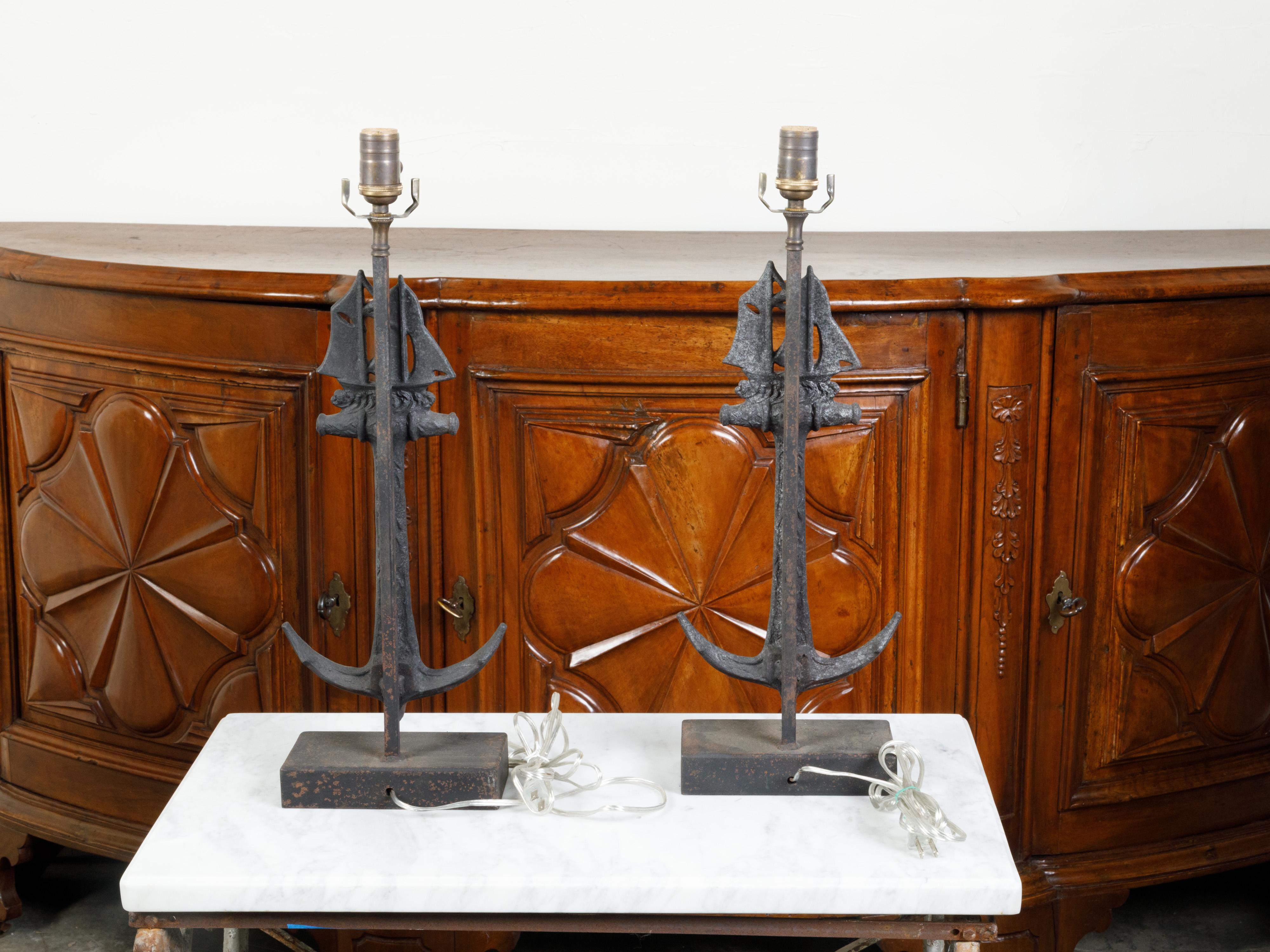 Pair of Iron Table Lamps with Anchors and Sailboats on Rectangular Bases For Sale 3