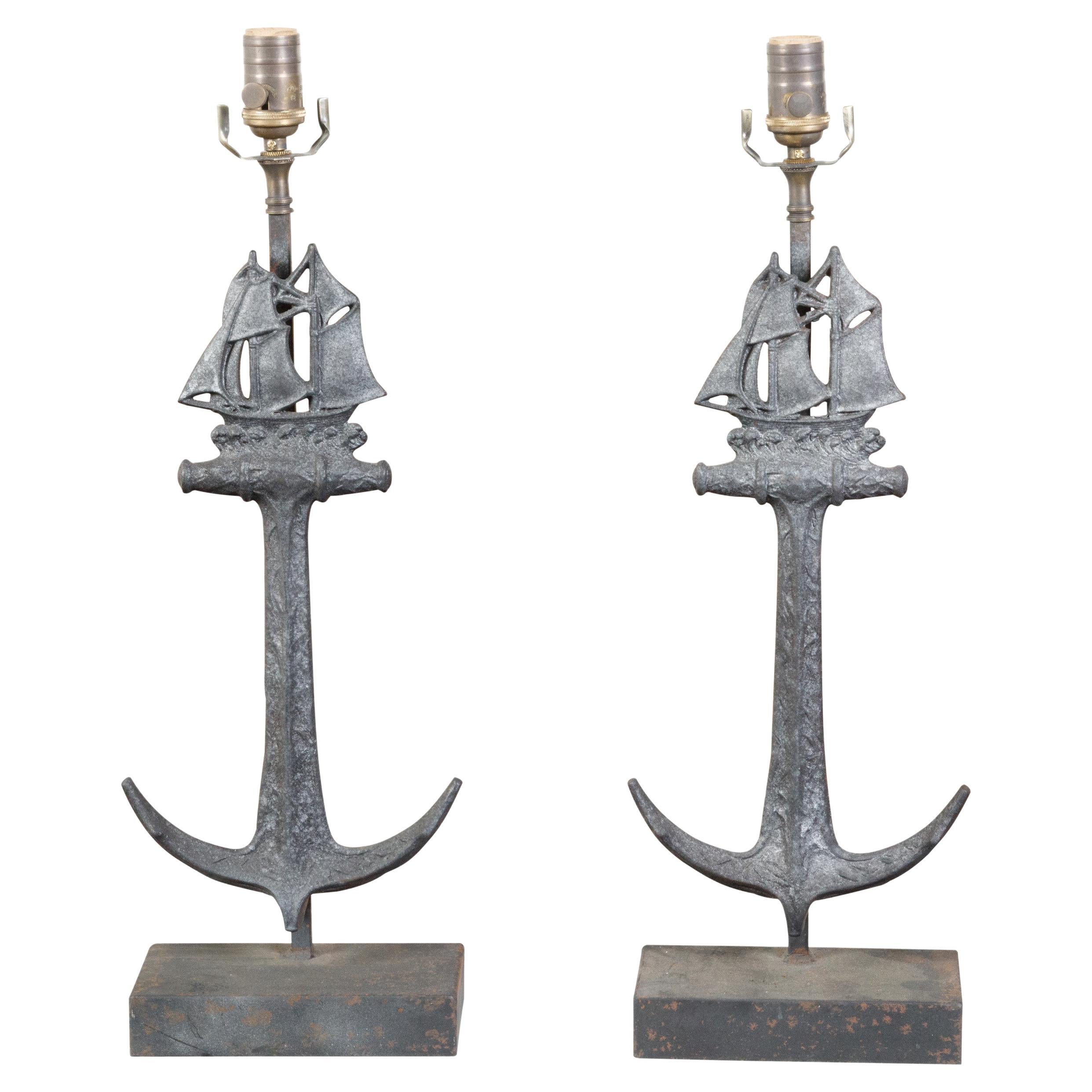 Pair of Iron Table Lamps with Anchors and Sailboats on Rectangular Bases For Sale