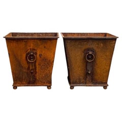 Antique Pair of Iron Tapered Planters With Ring Handle