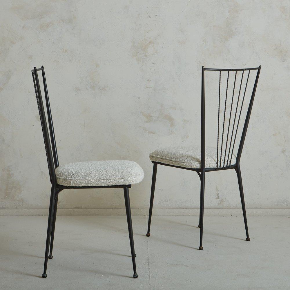 Mid-Century Modern Pair of Iron + White Wool Chairs in the Style of Colette Gueden, France 1950s