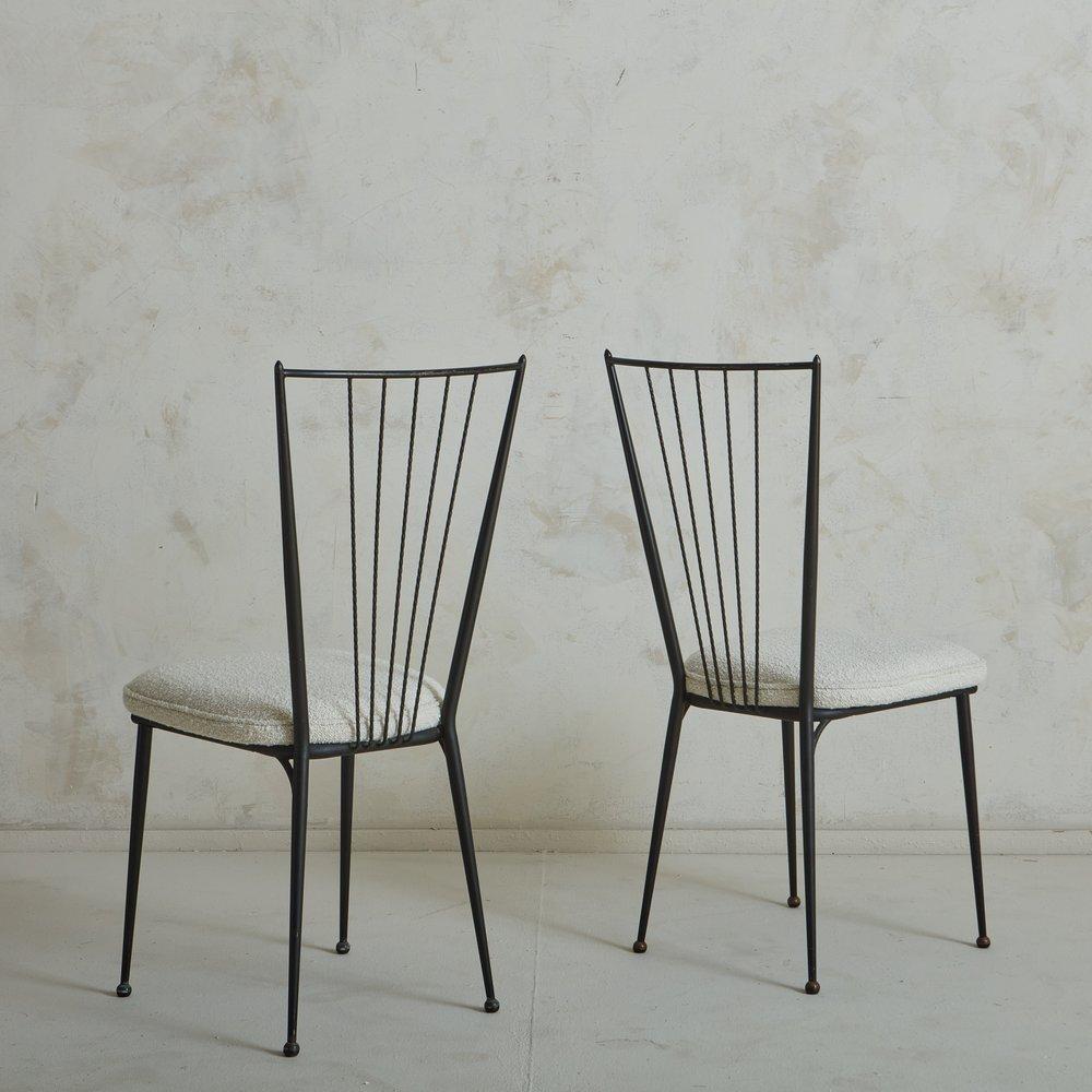 French Pair of Iron + White Wool Chairs in the Style of Colette Gueden, France 1950s