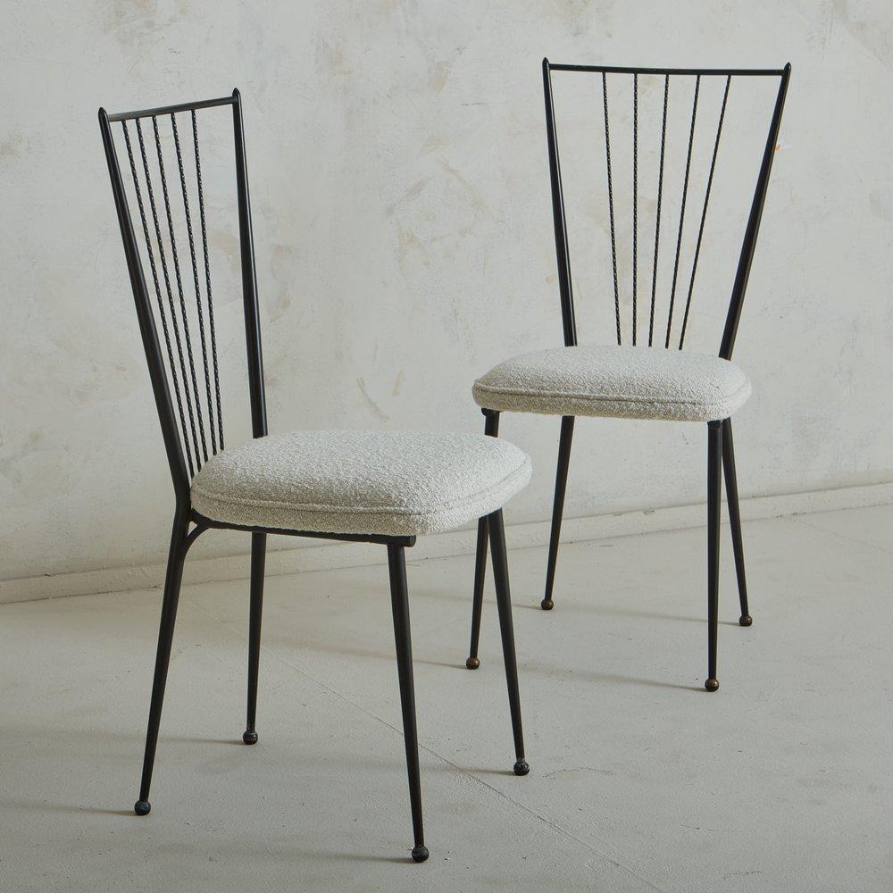 Mid-20th Century Pair of Iron + White Wool Chairs in the Style of Colette Gueden, France 1950s