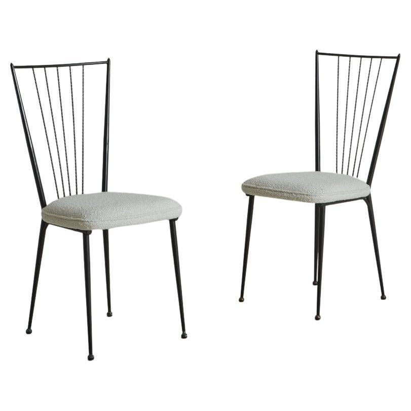 Pair of Iron + White Wool Chairs in the Style of Colette Gueden, France 1950s