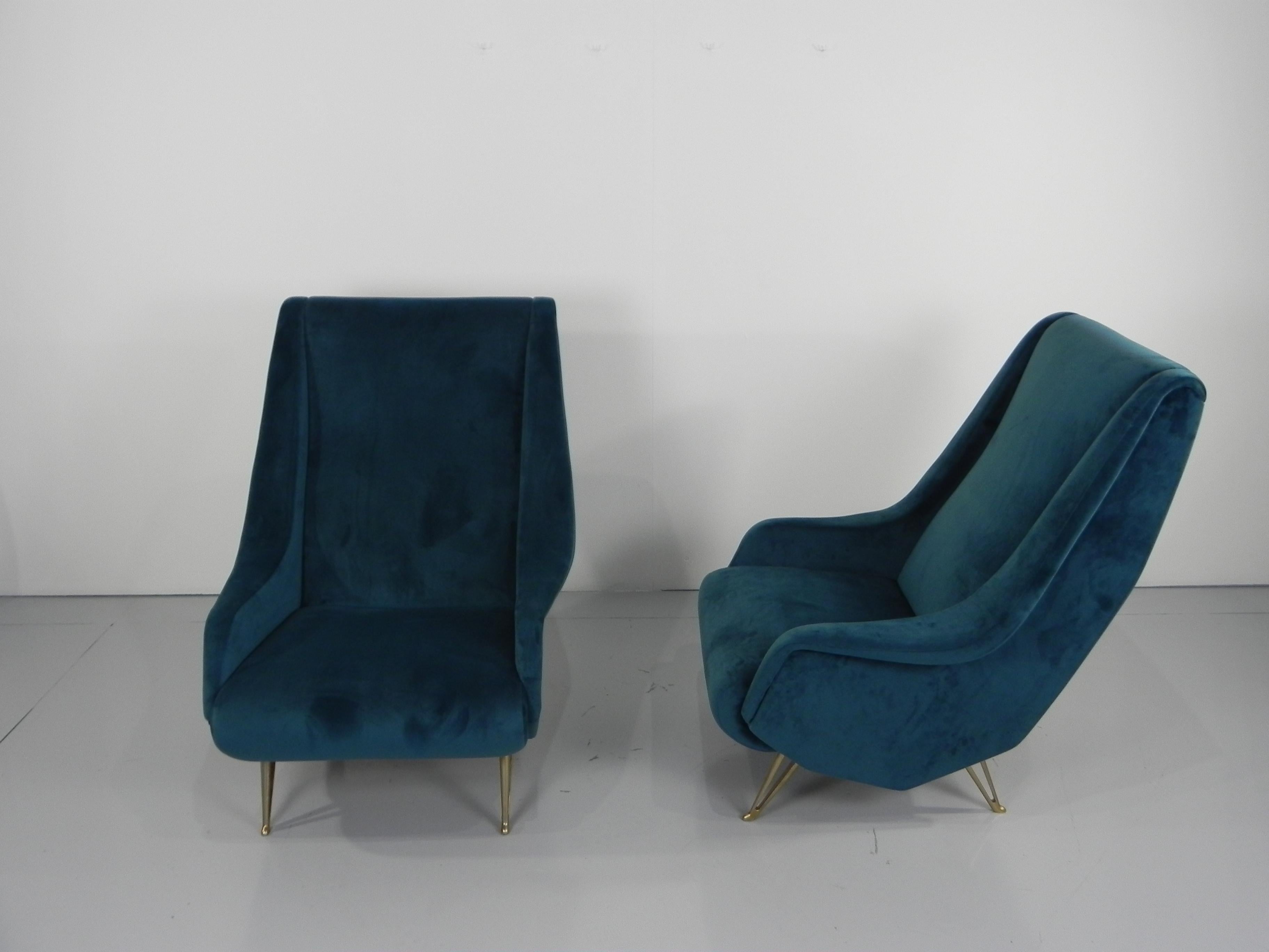 Pair of I.S.A. Bergamo Midcentury Blue Velvet Italian Armchairs, 1950s For Sale 4