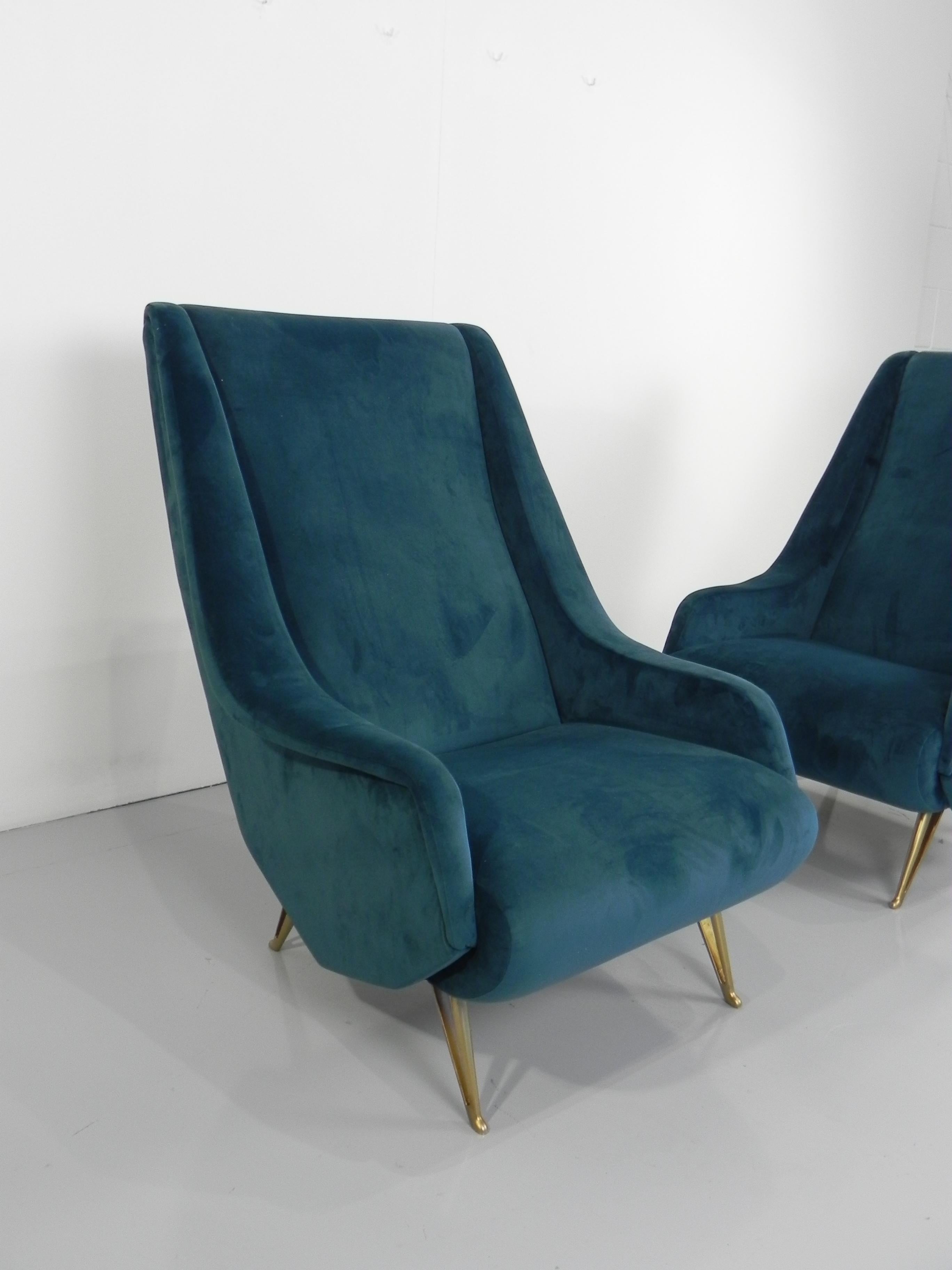 Pair of I.S.A. Bergamo Midcentury Blue Velvet Italian Armchairs, 1950s For Sale 5