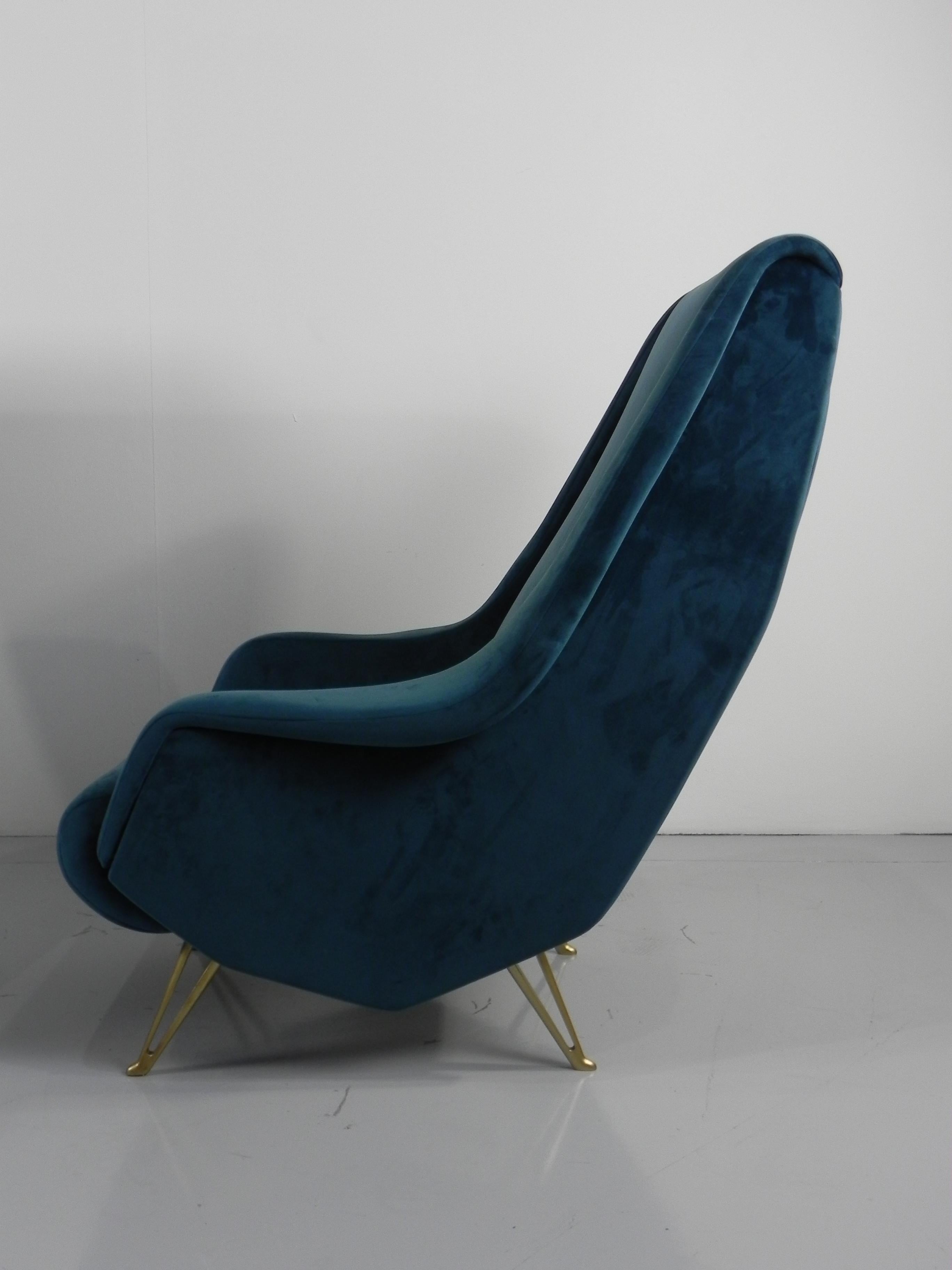 Mid-Century Modern Pair of I.S.A. Bergamo Midcentury Blue Velvet Italian Armchairs, 1950s For Sale