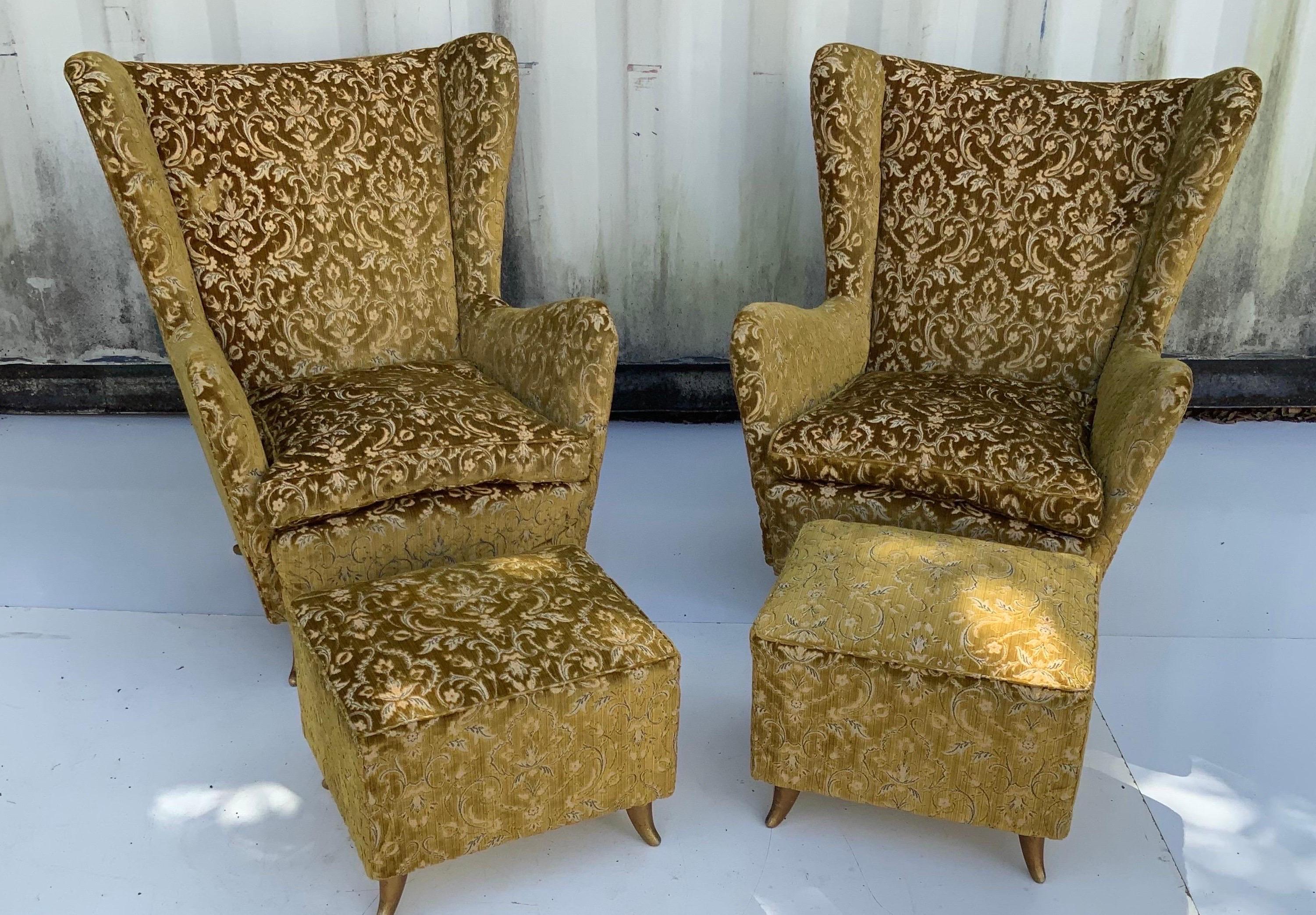 Rare Pair of ISA Bergamo High Back Lounge Chair with Ottoman, Italy 1950s.
Original Genova Velvet, in good condition.
Ottoman Size : 18 /16 /15.