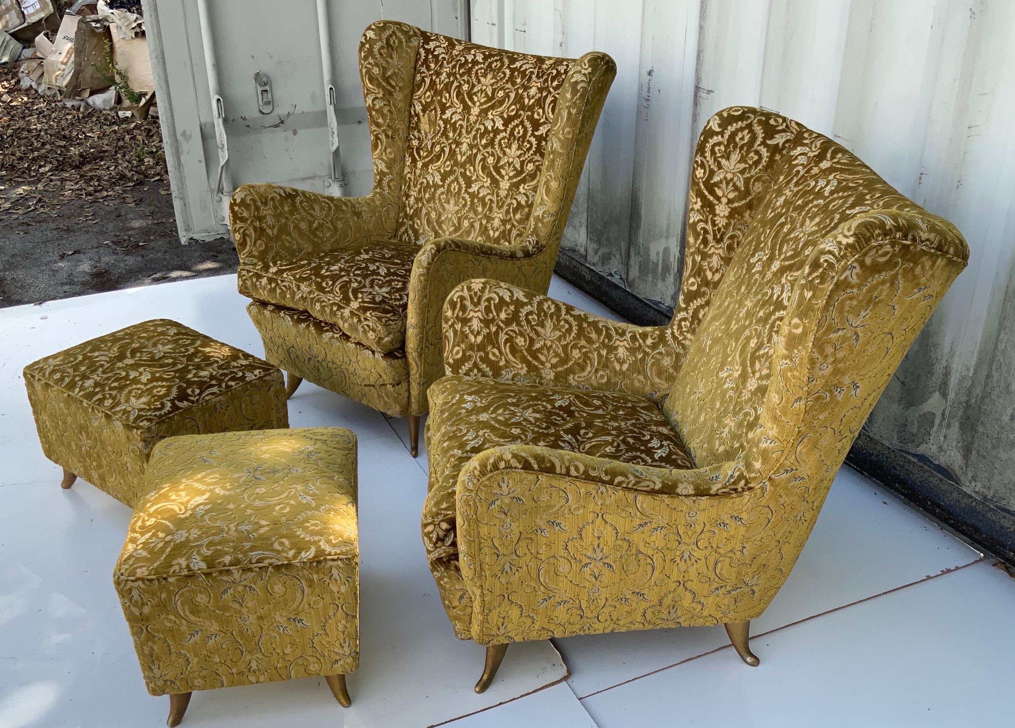 Italian Pair of Isa Bergamo Wingback Lounge Chair with Ottoman, Italy, 1950