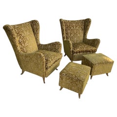 Pair of Isa Bergamo Wingback Lounge Chair with Ottoman, Italy, 1950