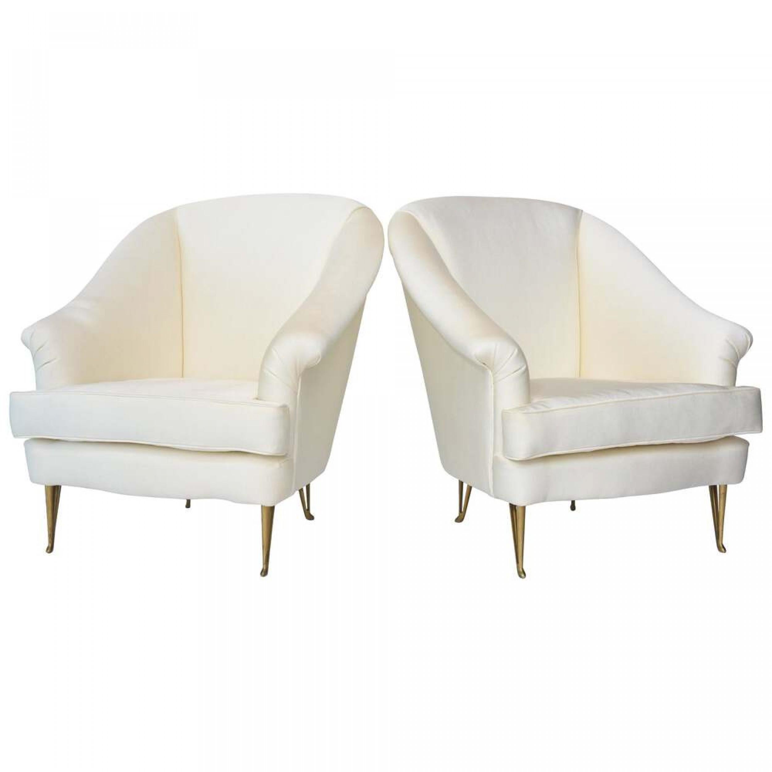 PAIR of Italian Mid-Century Modern (1950s) club chairs in white upholstery. (ISA INTERNATIONAL INC, Attributed to GIO PONTI) (PRICED AS PAIR).