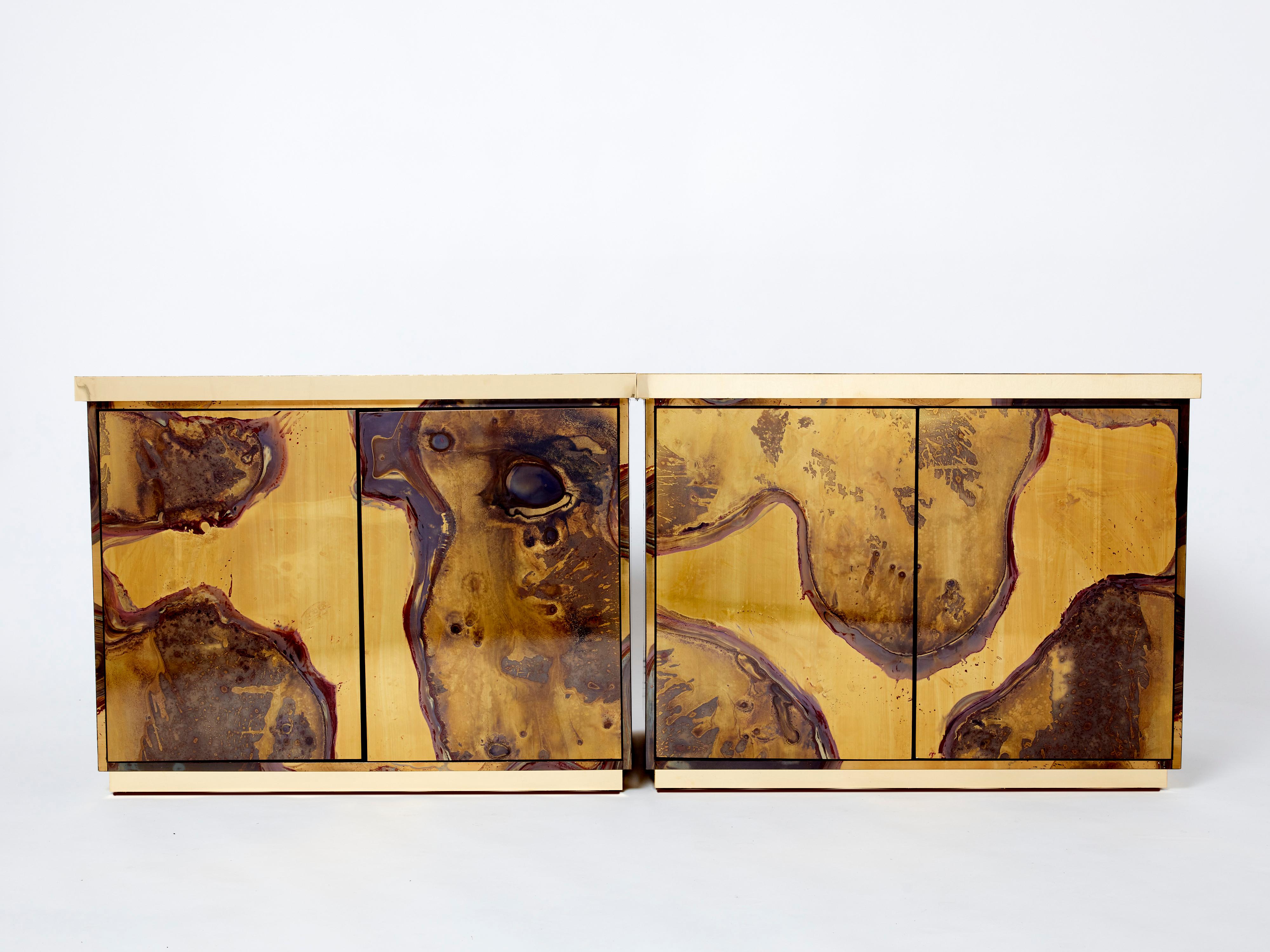 Mid-Century Modern Pair of Isabelle and Richard Faure Oxidized Brass Cabinets Buffets 1970s For Sale