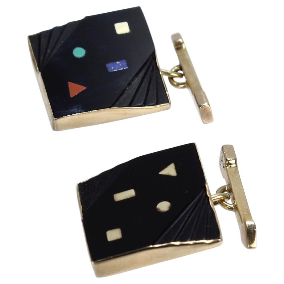 Pair of Isabelle Posillico Geometric Onyx and Gold 1980s Memphis Style Cufflinks