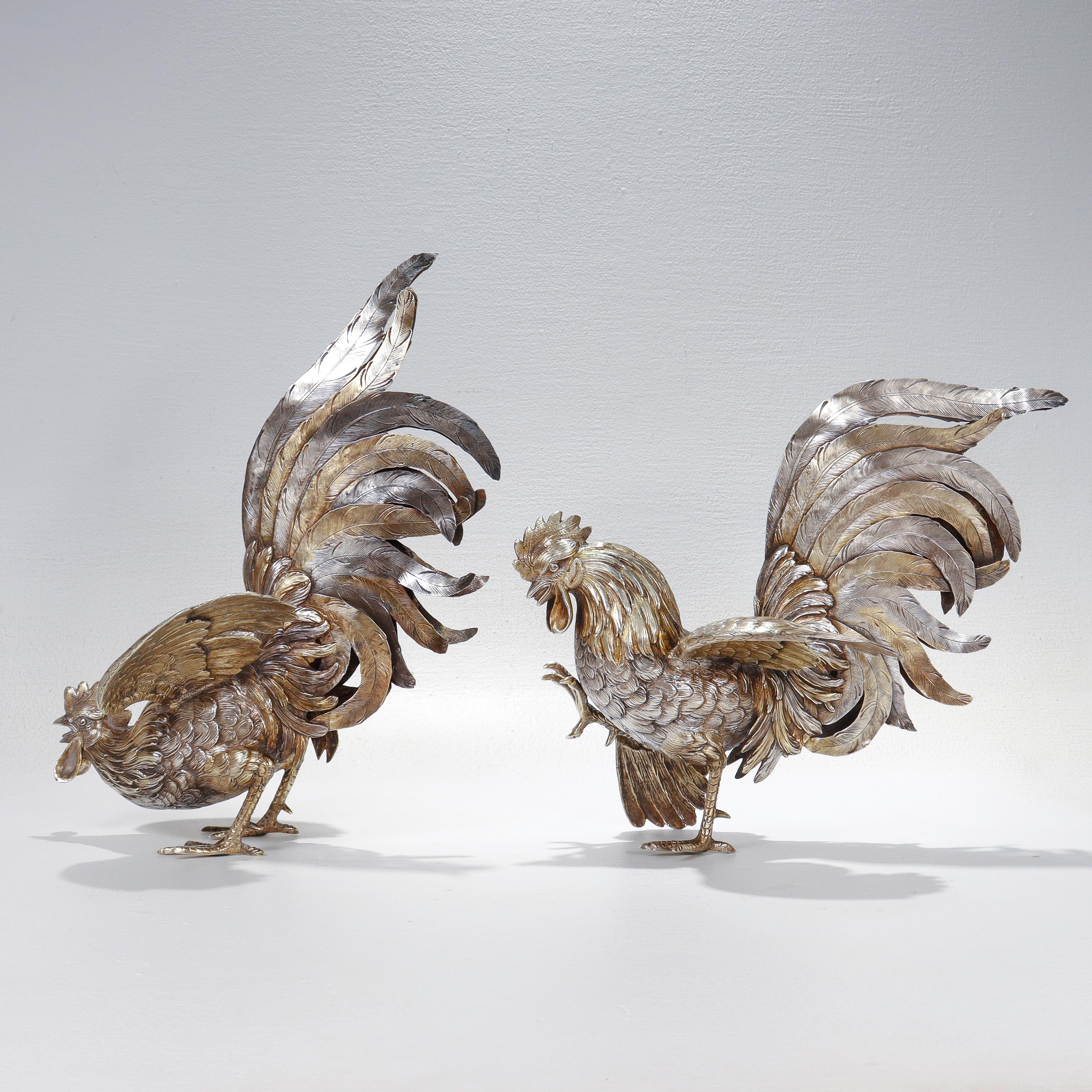 Pair of Israel Freeman & Son Sterling Silver Table Fighting Cockerels/Roosters In Good Condition For Sale In Philadelphia, PA
