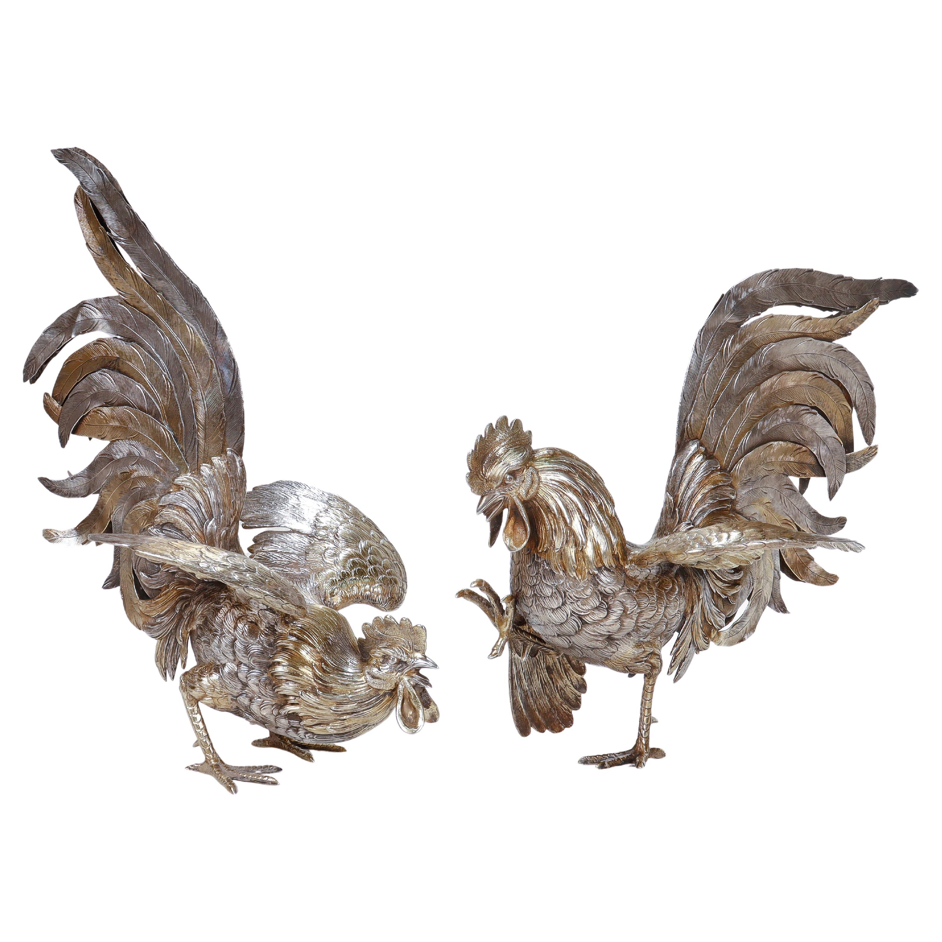 Pair of Israel Freeman & Son Sterling Silver Table Fighting Cockerels/Roosters For Sale