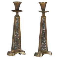 Paar israelische Kerzenständer aus Messing mit Mosaik-Intarsien