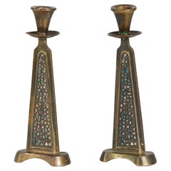 Pair of Israeli Brass Candlesticks with Mosaic Inlay