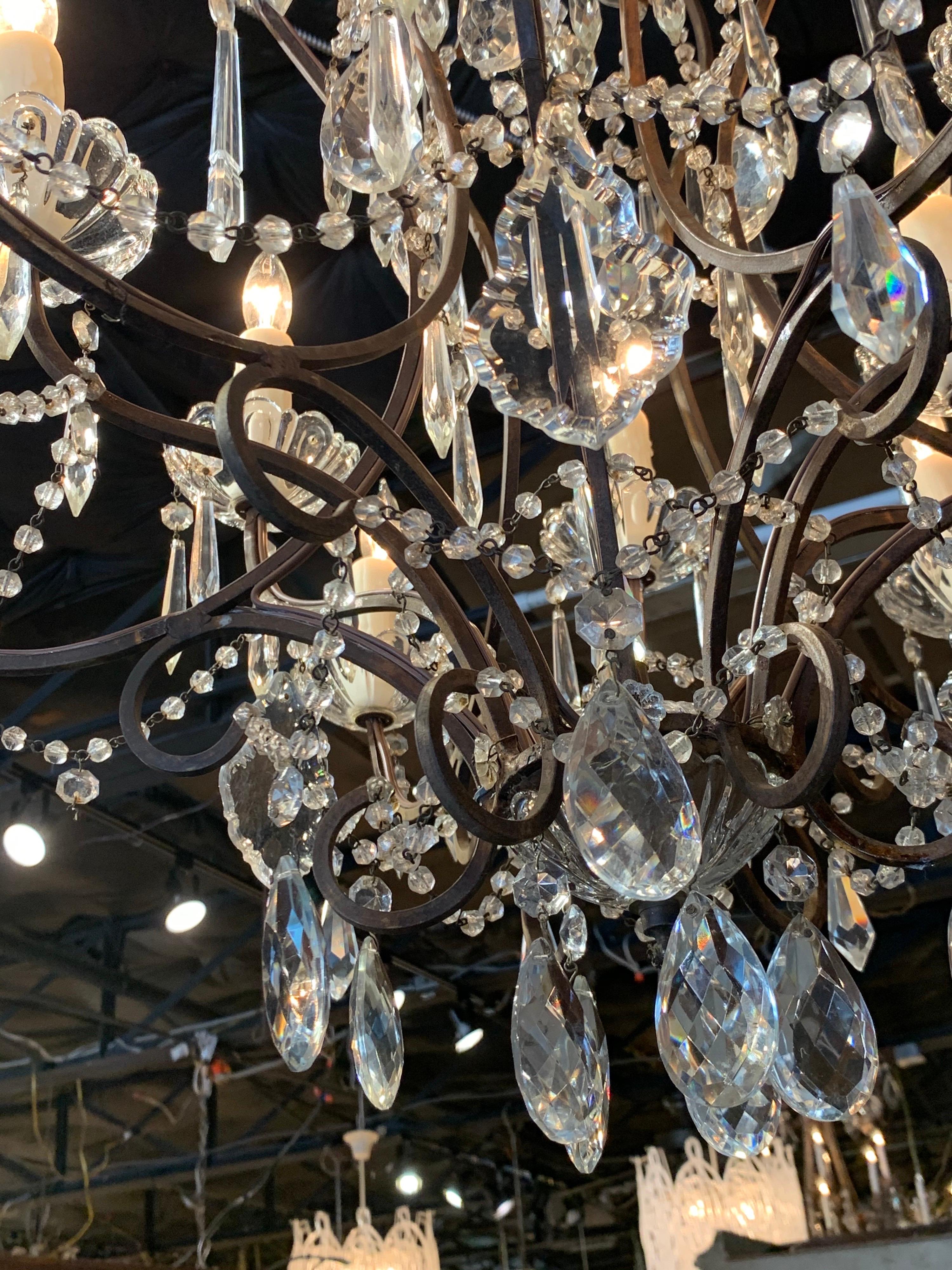 Pair of Italian 12-Light Beaded Crystal Chandeliers In Good Condition In Dallas, TX