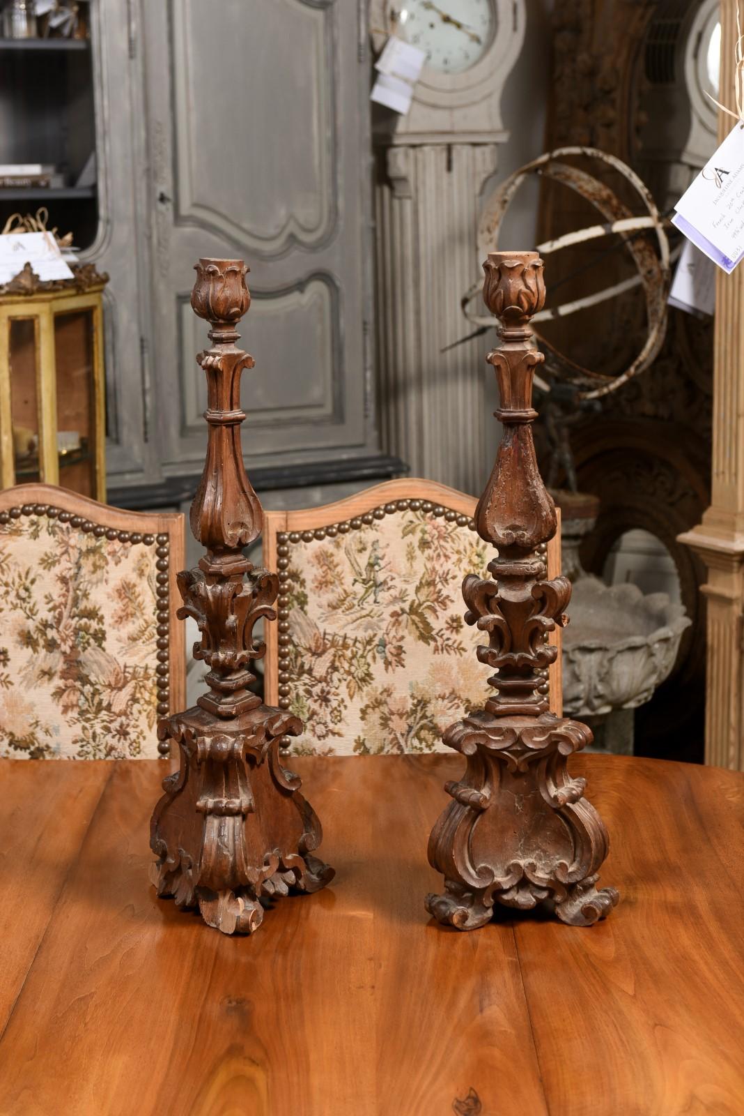 Pair of Italian 17th Century Baroque Period Altar Candlesticks with Carved Décor For Sale 5