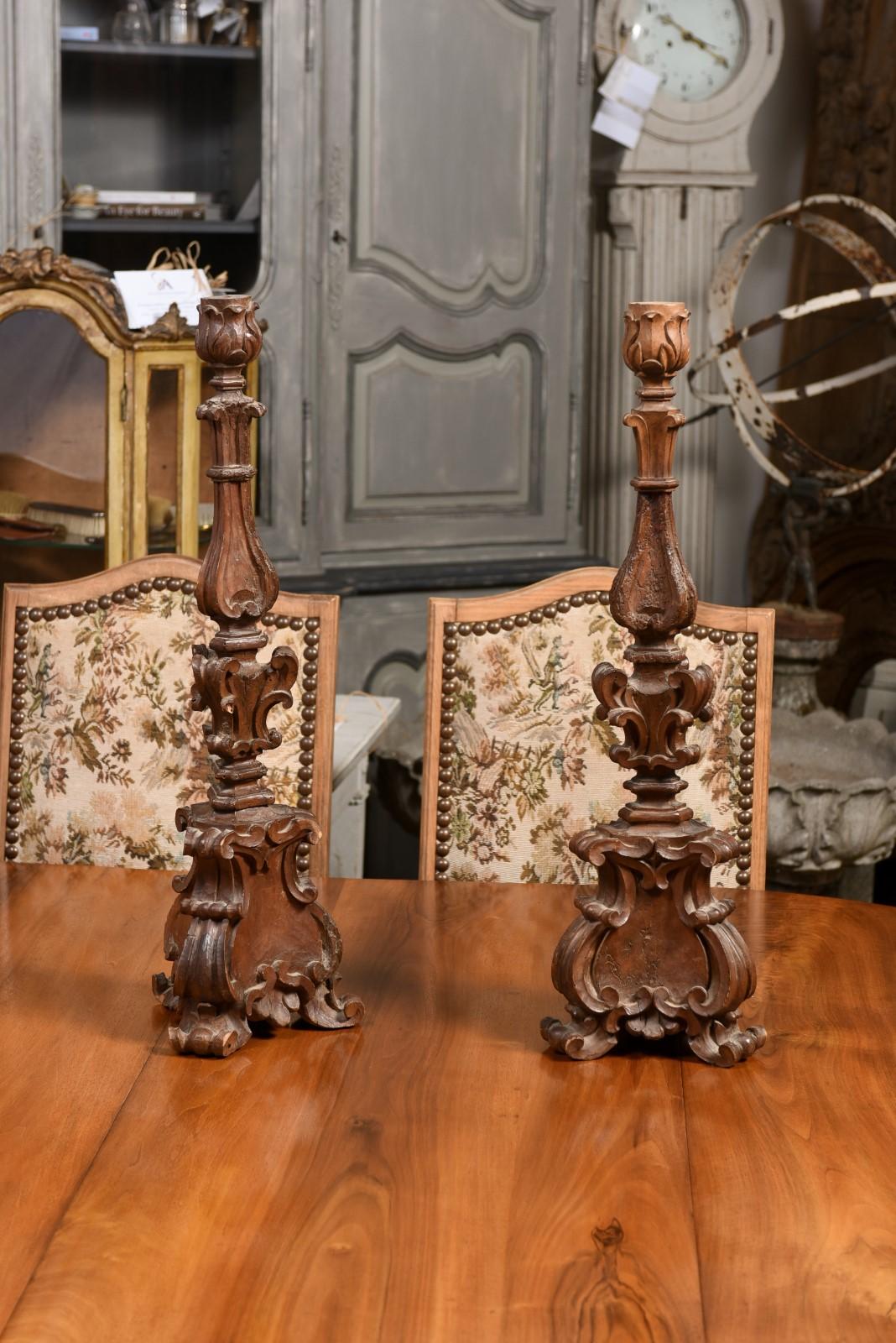 Pair of Italian 17th Century Baroque Period Altar Candlesticks with Carved Décor In Good Condition For Sale In Atlanta, GA