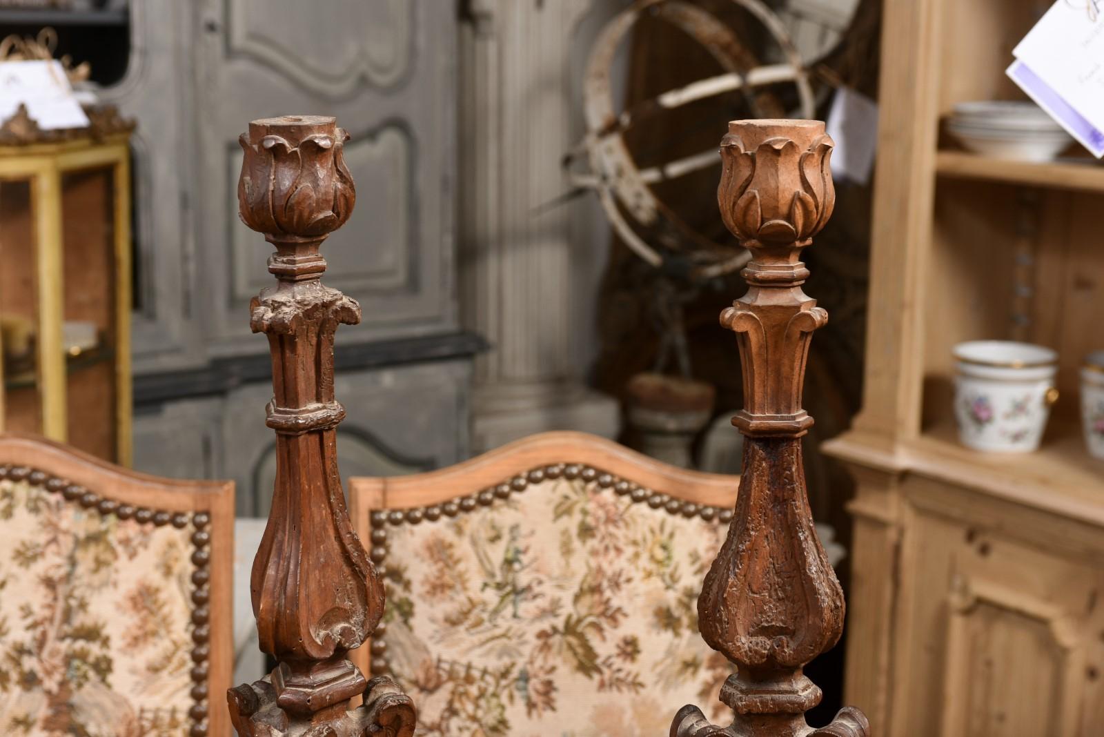 18th Century and Earlier Pair of Italian 17th Century Baroque Period Altar Candlesticks with Carved Décor For Sale