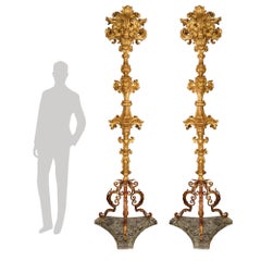 Pair of Italian 17th Century Baroque Period Giltwood Floor Lamps