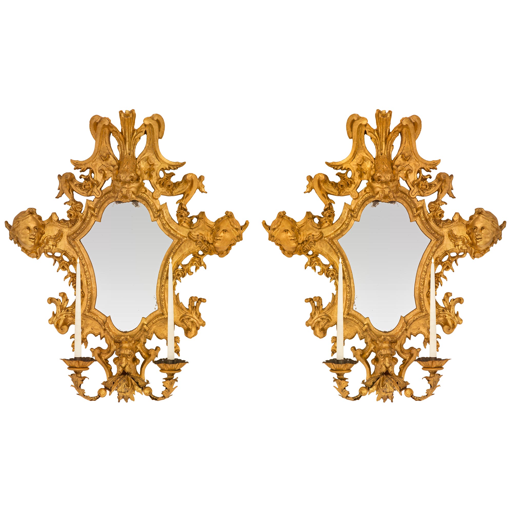 Pair of Italian 17th Century Baroque Period Giltwood Roman Mirrored Sconces For Sale