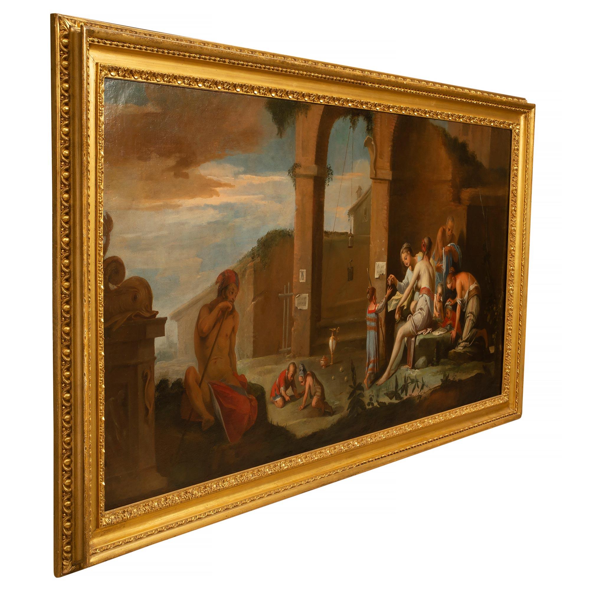 A stunning pair of Italian 17th century oil on canvas paintings by Antonio Travi. Each painting displays an impressive array of rich colors, typical of Travi's works. One painting depicts an elder man leaning on a cane and a group of women teaching