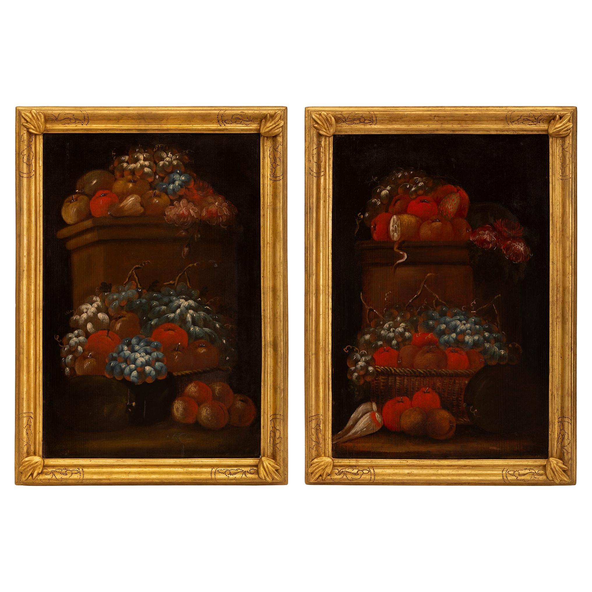 Paire de natures mortes italiennes du 17ème siècle peintes à l'huile sur bois