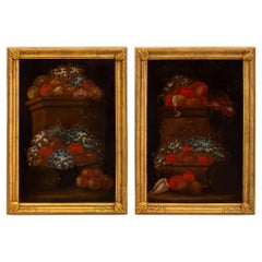 Pair of Italian 17th Century Oil Painted on Wood Still Life Paintings