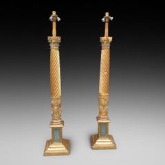Pair of Italian 17thC Polychrome & Gilt Highlighted Carved Corinthian Columns