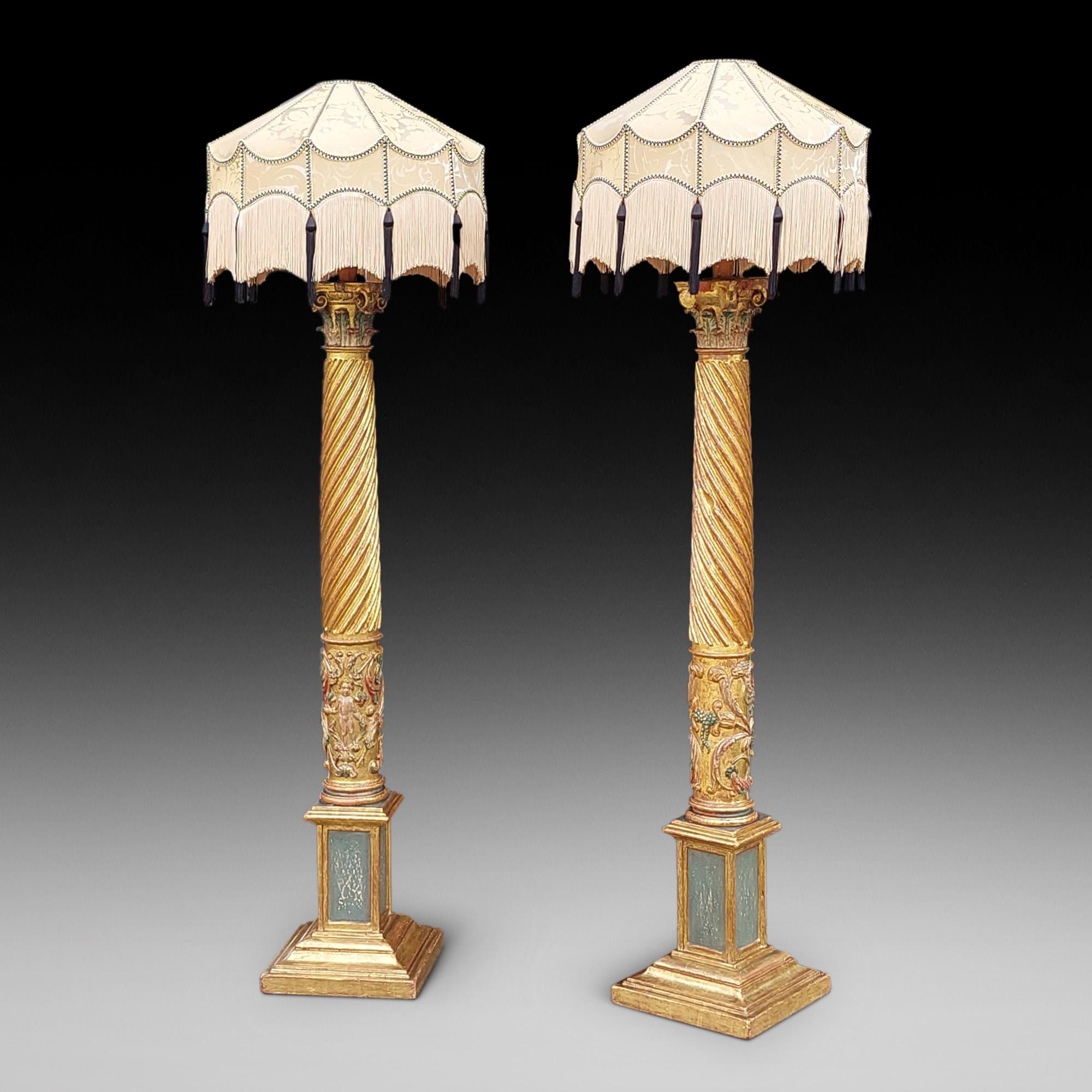 Baroque Pair of Italian 17thC Polychrome & Gilt Highlighted Carved Corinthian Columns For Sale