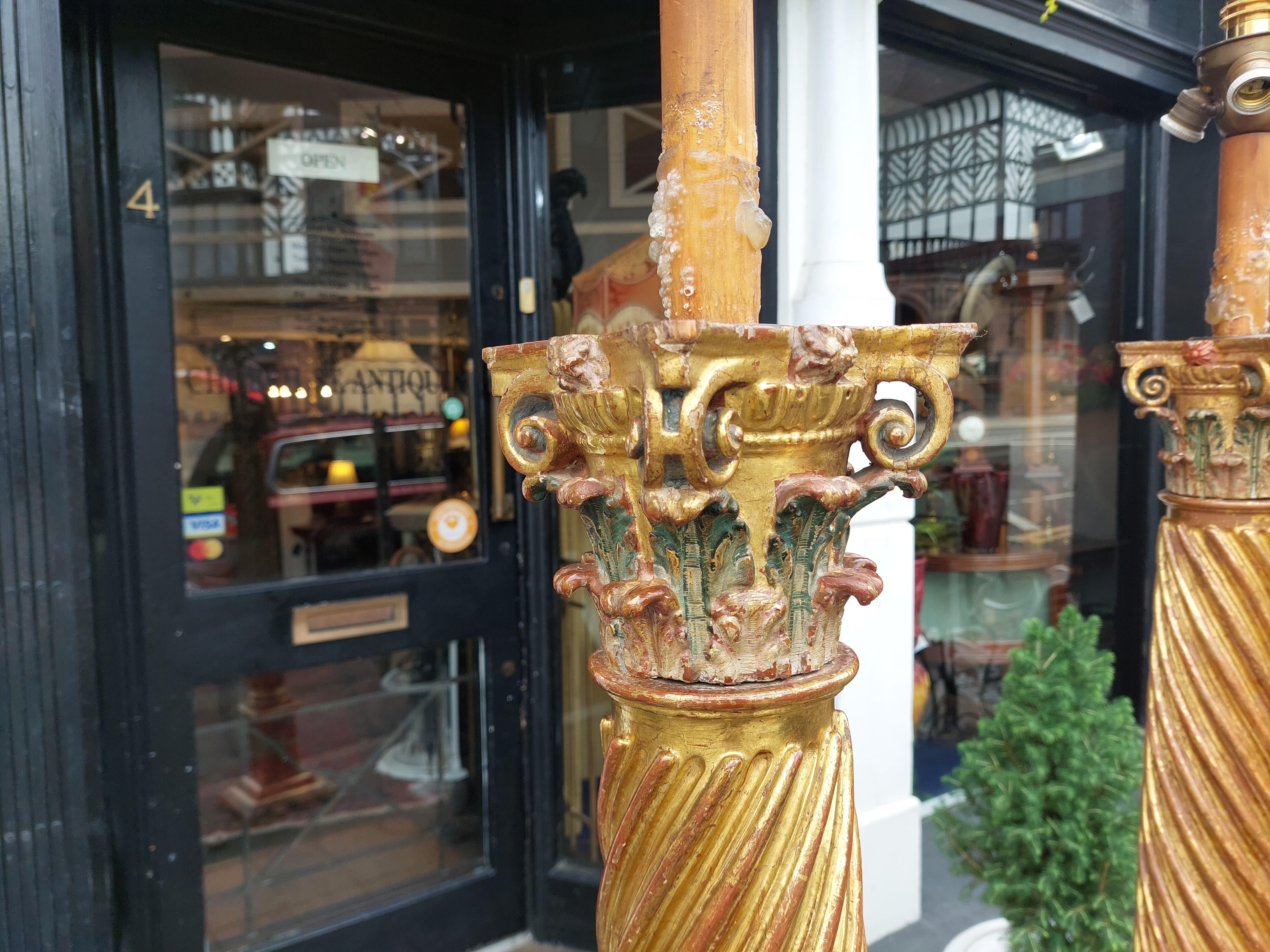 18th Century and Earlier Pair of Italian 17thC Polychrome & Gilt Highlighted Carved Corinthian Columns For Sale