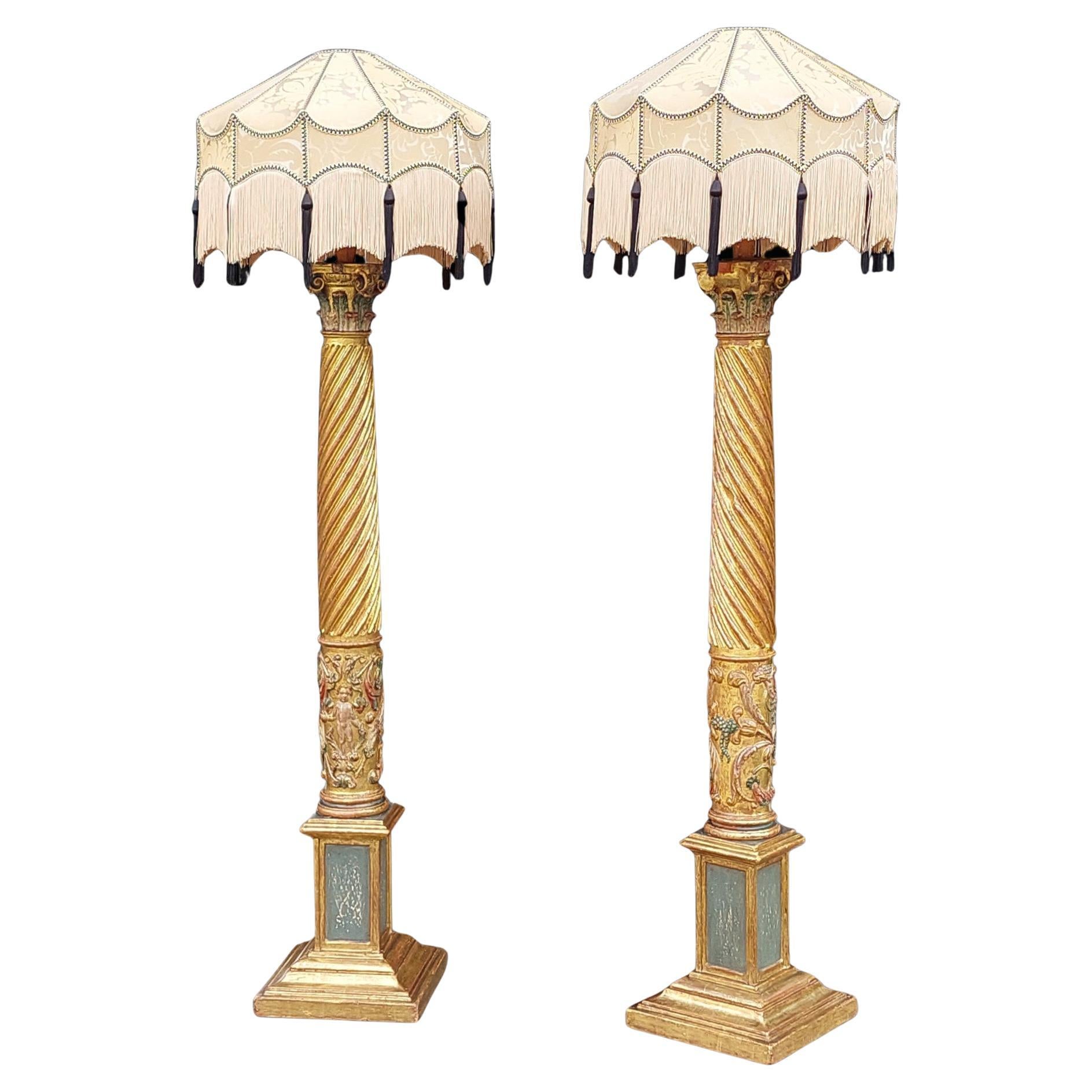 Pair of Italian 17thC Polychrome & Gilt Highlighted Carved Corinthian Columns For Sale