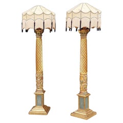 Pair of Italian 17thC Polychrome & Gilt Highlighted Carved Corinthian Columns