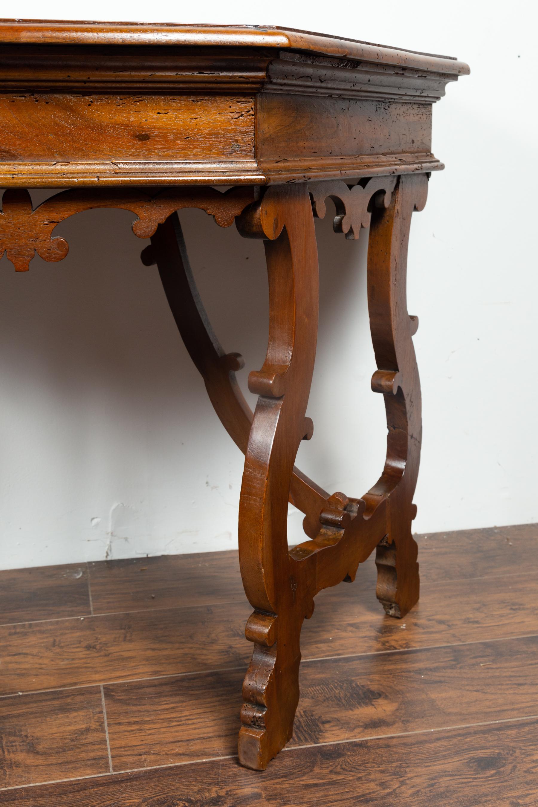 Pair of Italian mid 1800's Walnut Demi lune Tables with Lyre Shaped Legs 5