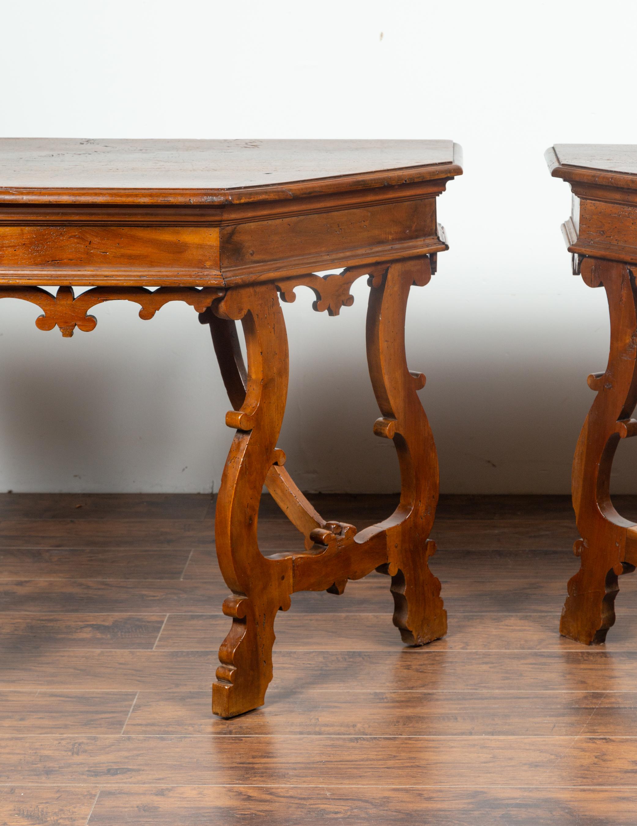 Pair of Italian mid 1800's Walnut Demi lune Tables with Lyre Shaped Legs 6