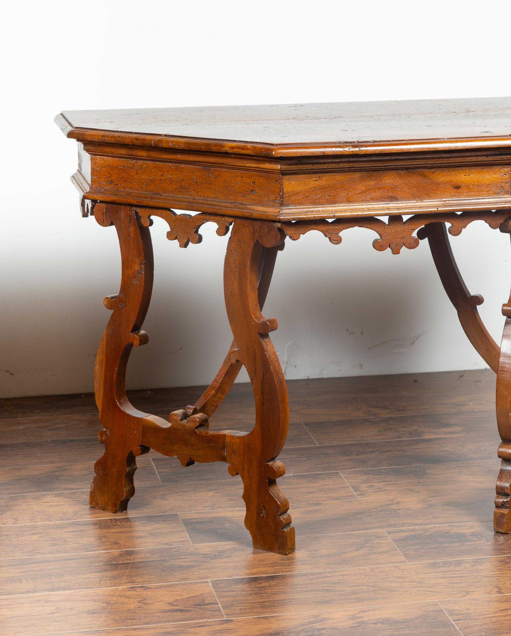 Pair of Italian mid 1800's Walnut Demi lune Tables with Lyre Shaped Legs 7