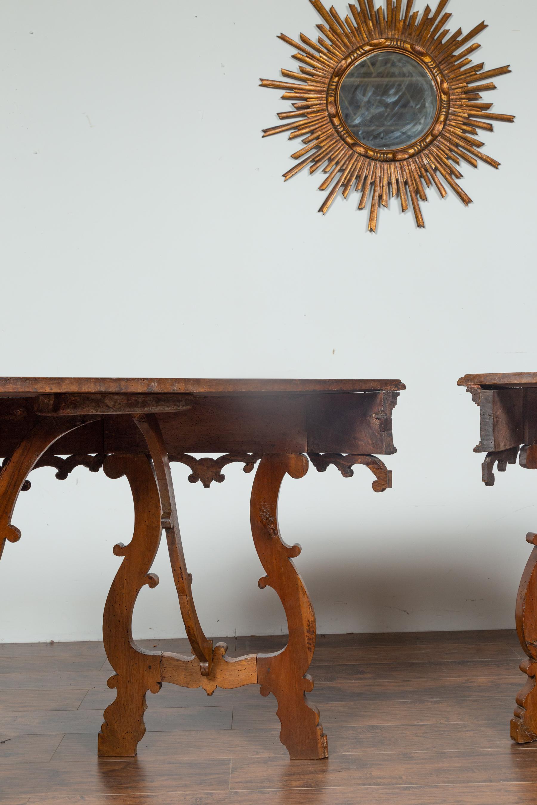 Pair of Italian mid 1800's Walnut Demi lune Tables with Lyre Shaped Legs 8
