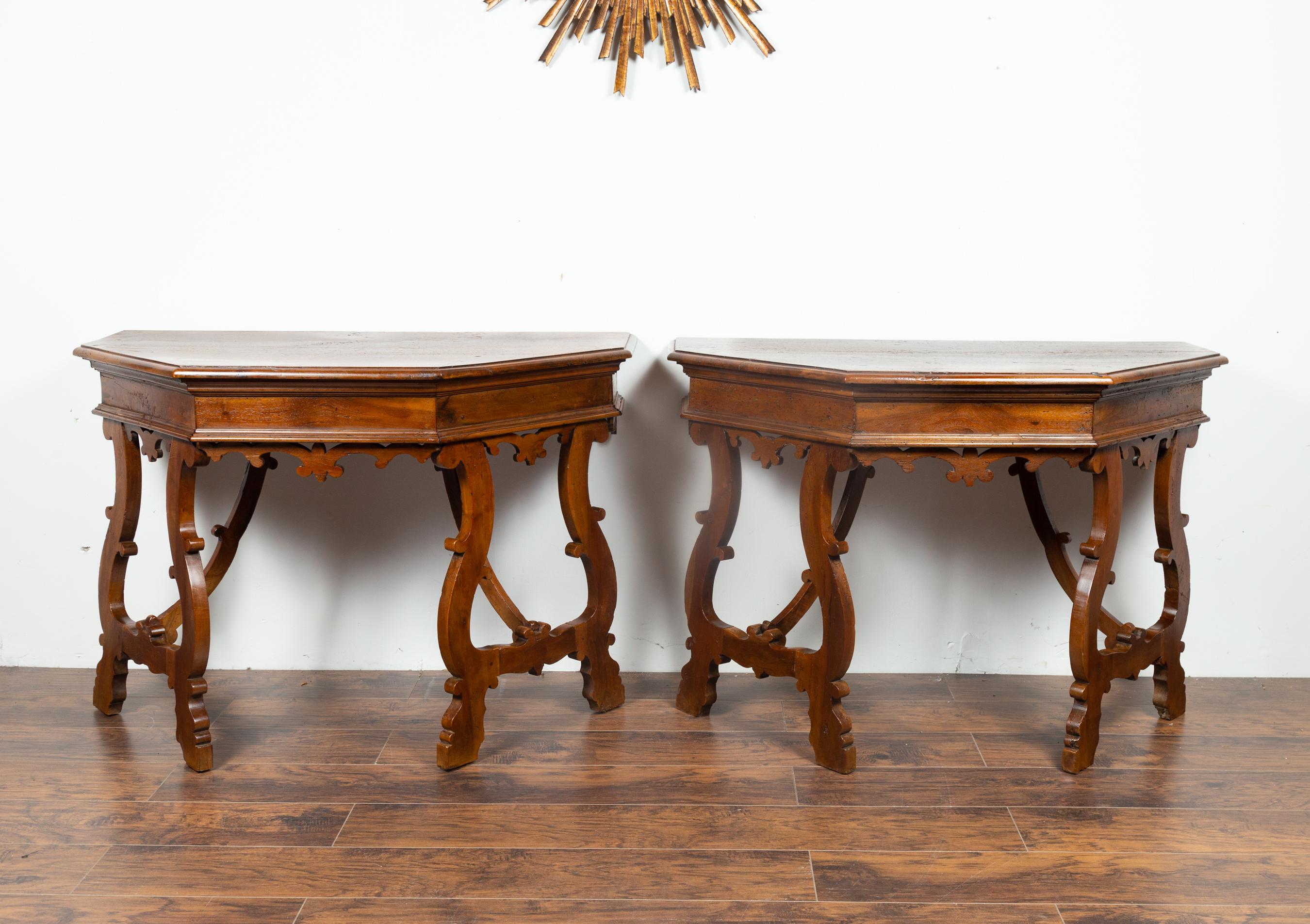 Baroque Pair of Italian mid 1800's Walnut Demi lune Tables with Lyre Shaped Legs