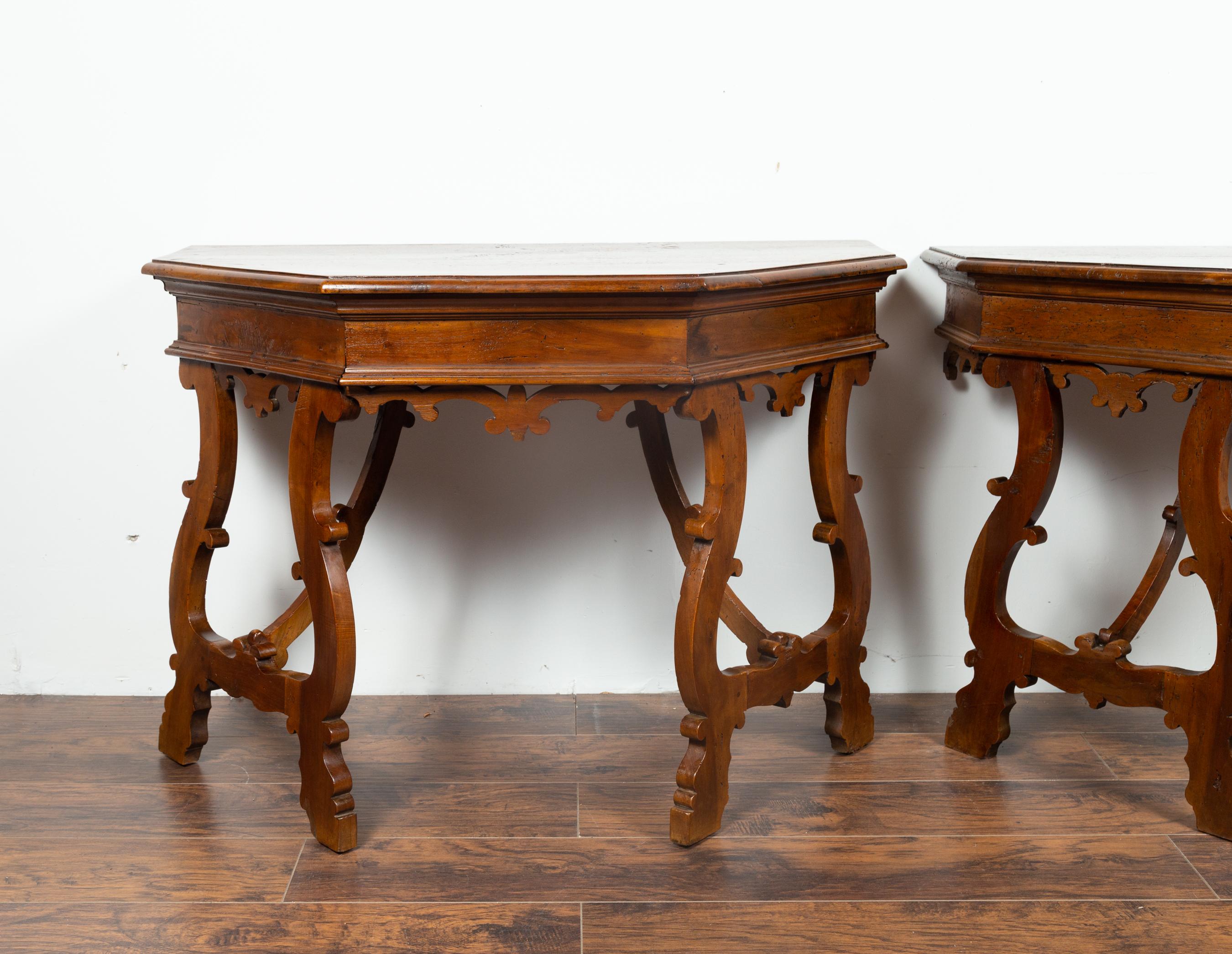 Carved Pair of Italian mid 1800's Walnut Demi lune Tables with Lyre Shaped Legs