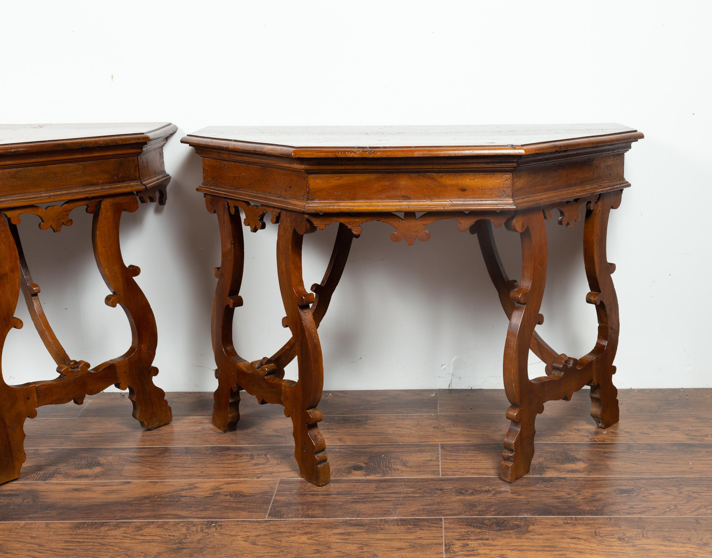 Pair of Italian mid 1800's Walnut Demi lune Tables with Lyre Shaped Legs In Good Condition In Atlanta, GA