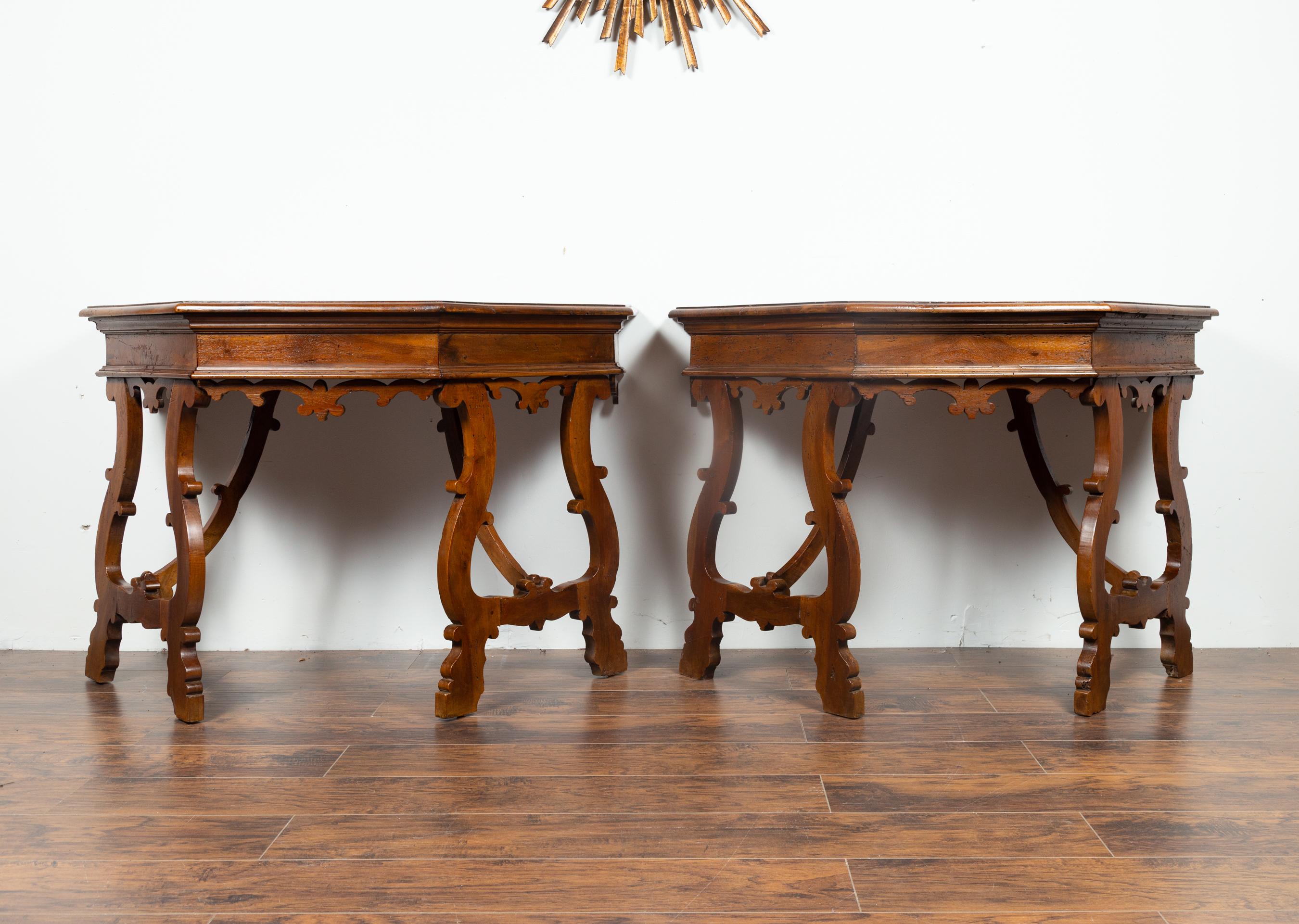 19th Century Pair of Italian mid 1800's Walnut Demi lune Tables with Lyre Shaped Legs