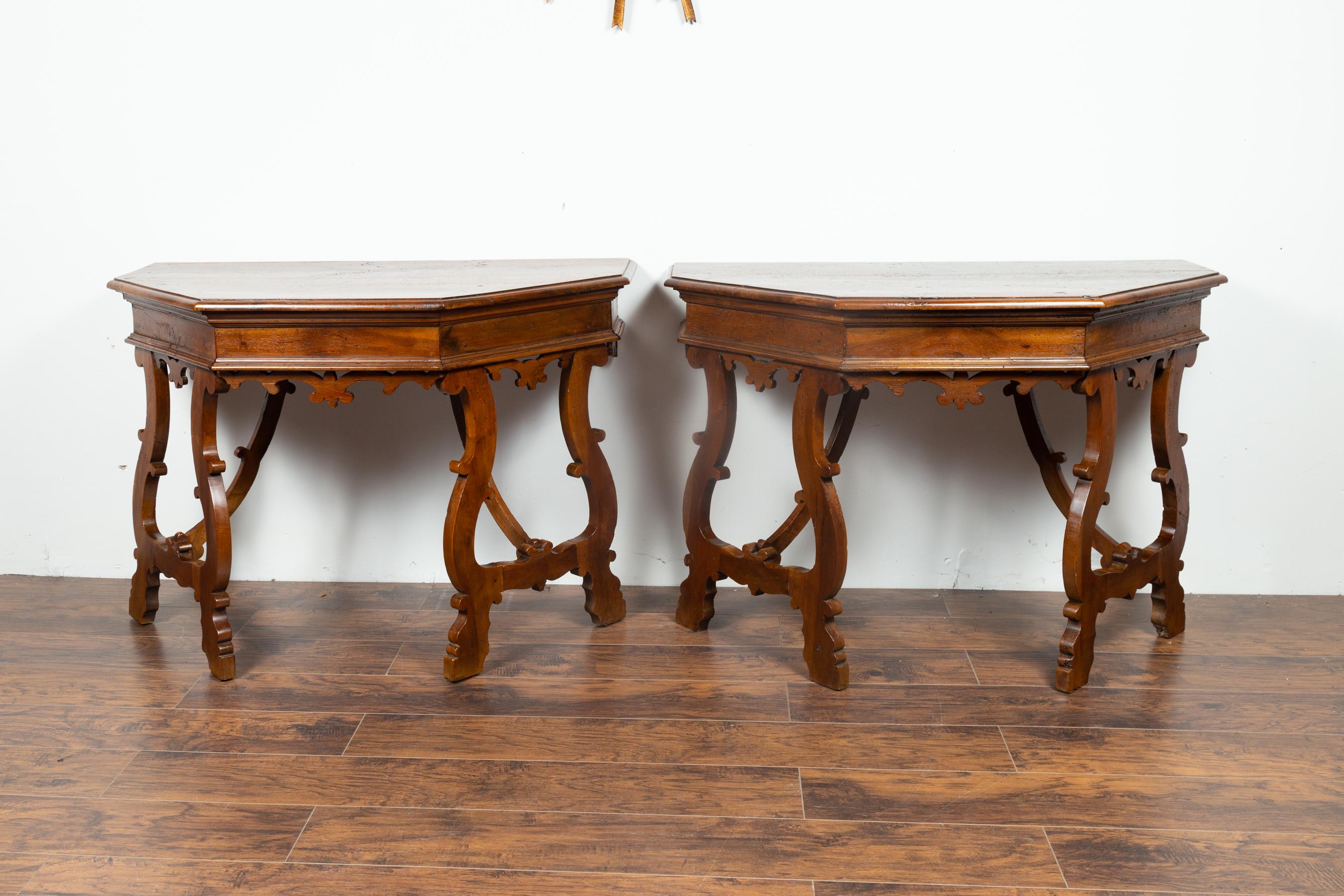 Pair of Italian mid 1800's Walnut Demi lune Tables with Lyre Shaped Legs 1