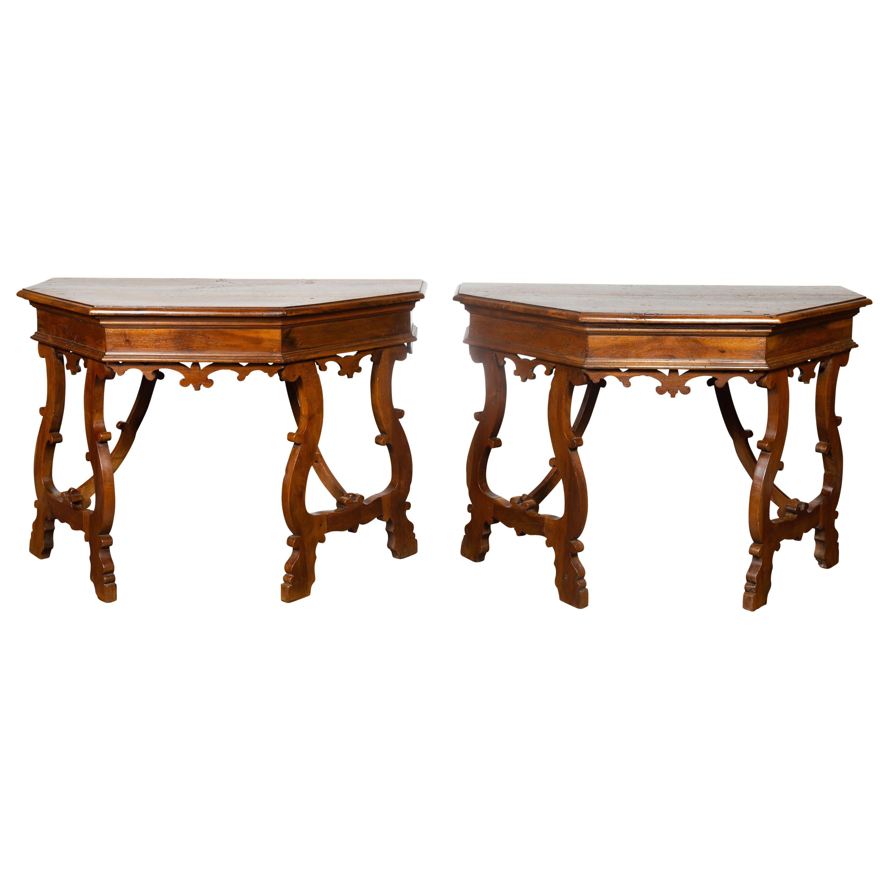 Pair of Italian mid 1800's Walnut Demi lune Tables with Lyre Shaped Legs