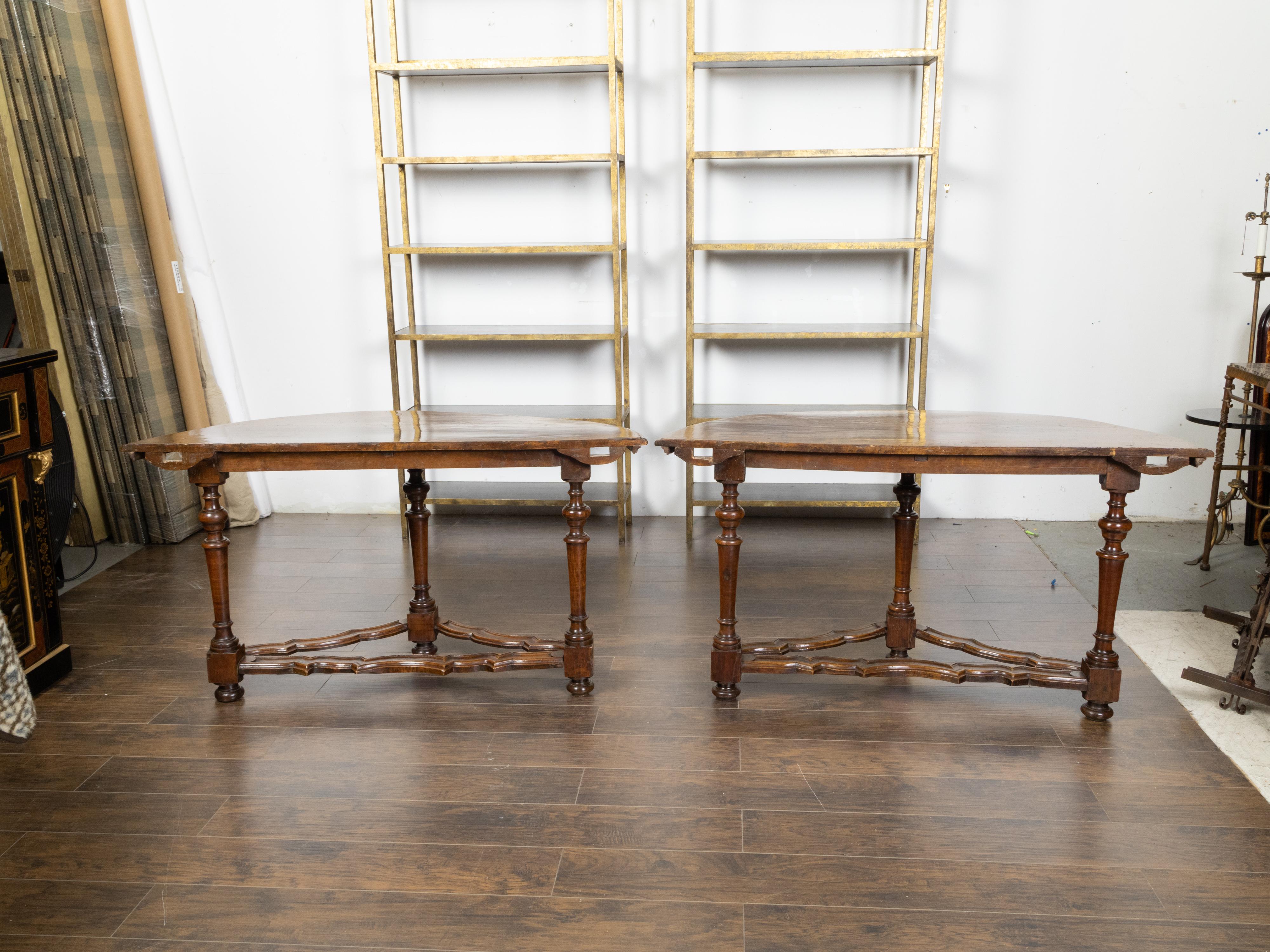Pair of Italian 1800s Baroque Style Walnut Demilunes with Carved Stretchers For Sale 6