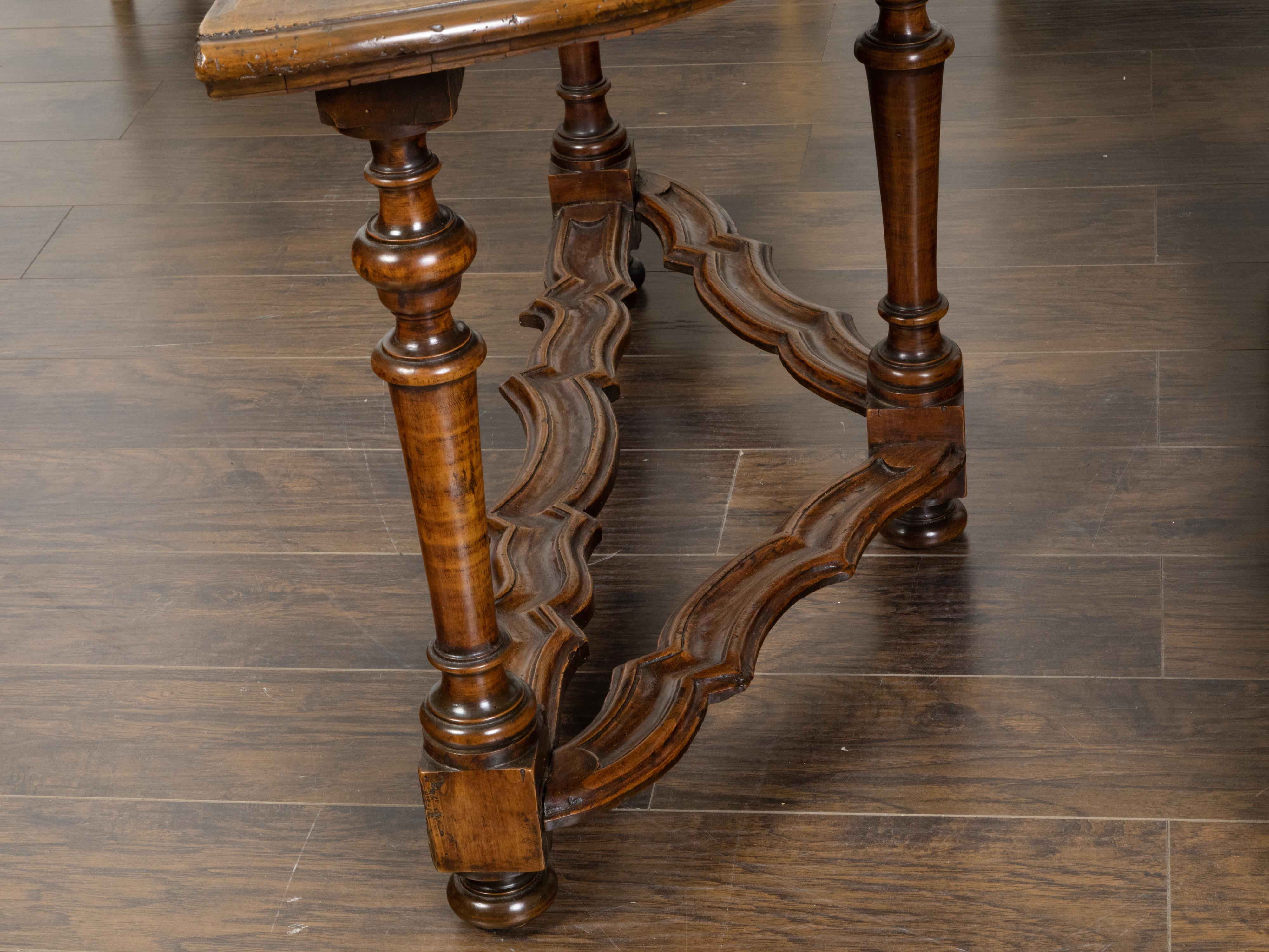 Pair of Italian 1800s Baroque Style Walnut Demilunes with Carved Stretchers For Sale 7
