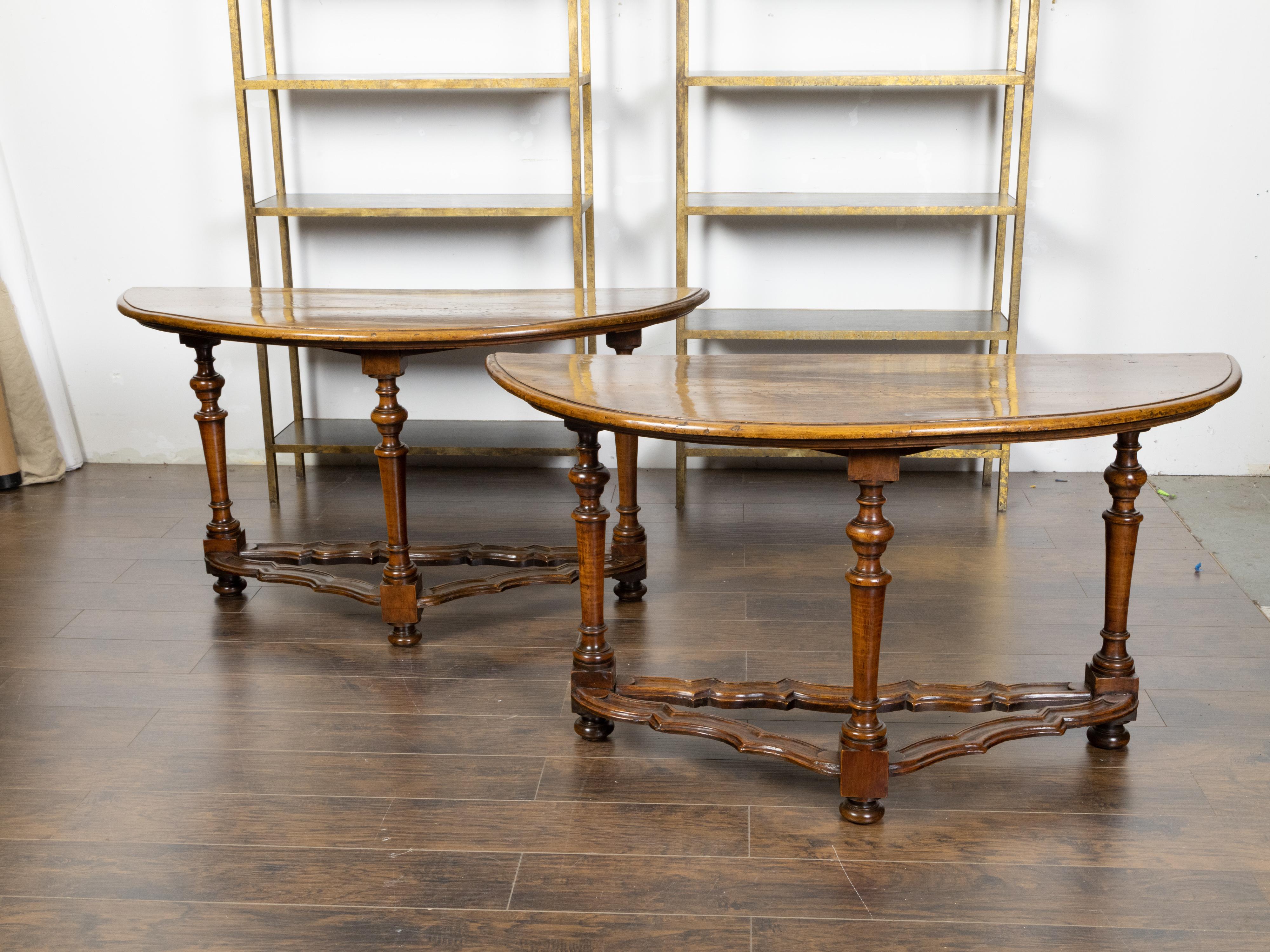 Pair of Italian 1800s Baroque Style Walnut Demilunes with Carved Stretchers In Good Condition For Sale In Atlanta, GA