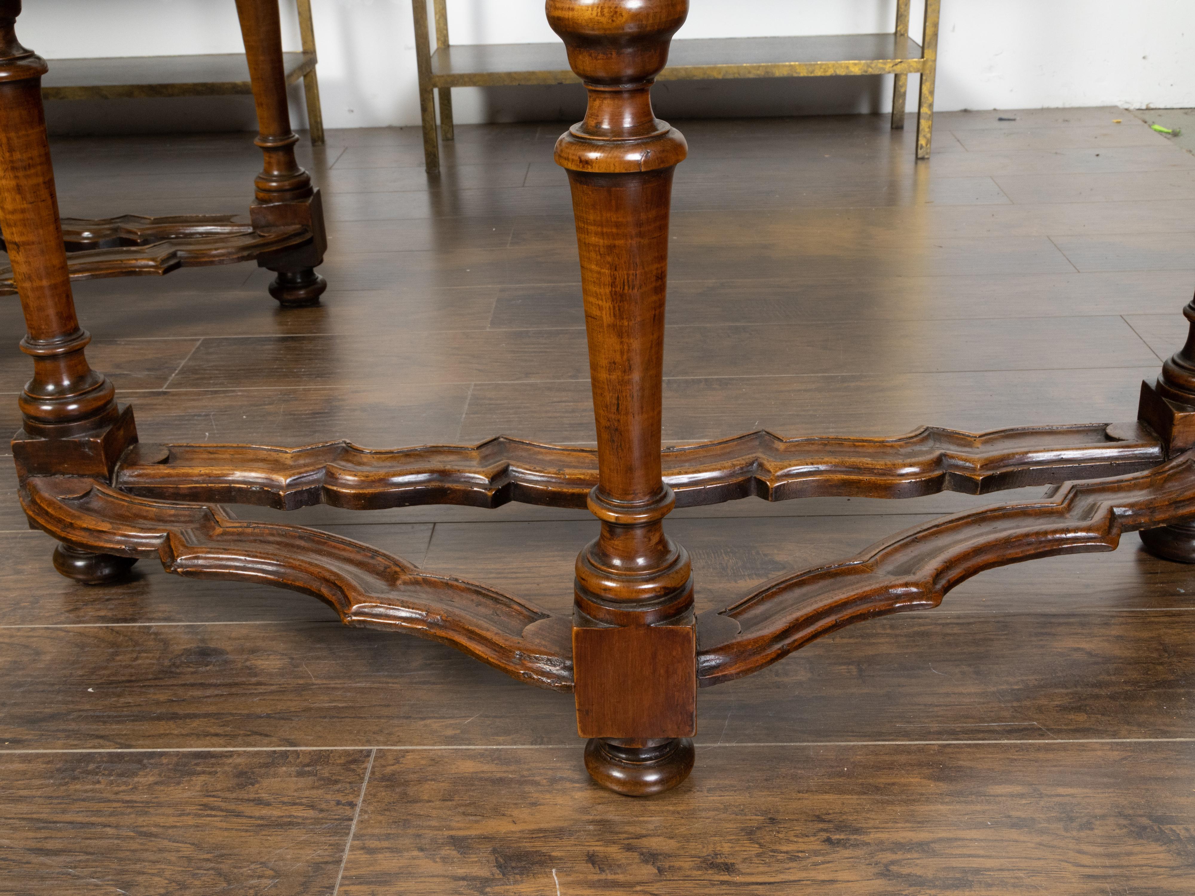 Pair of Italian 1800s Baroque Style Walnut Demilunes with Carved Stretchers For Sale 3