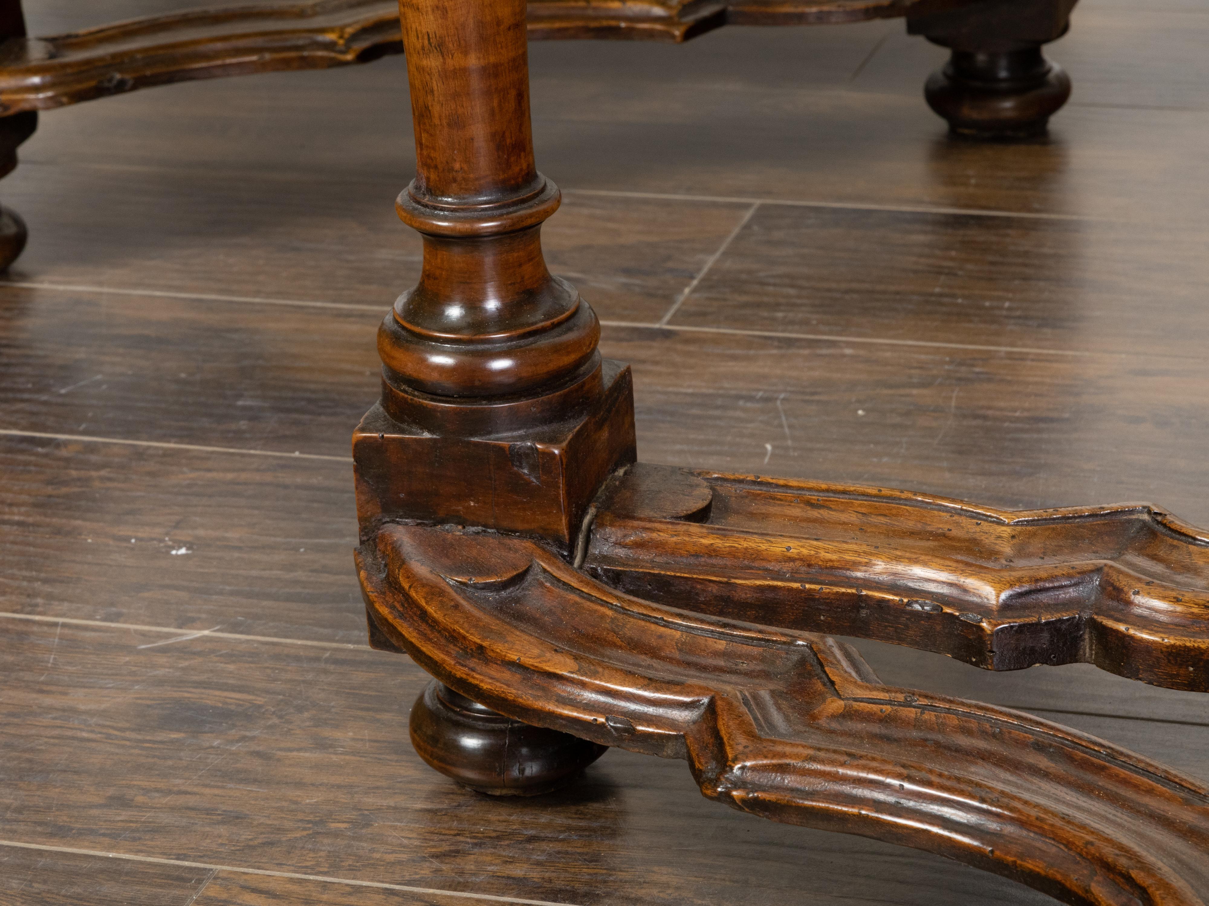 Pair of Italian 1800s Baroque Style Walnut Demilunes with Carved Stretchers For Sale 4